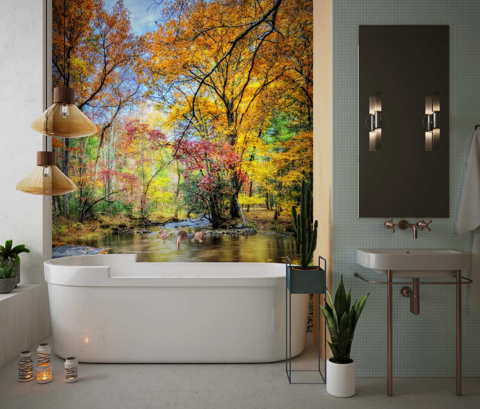 Фотошпалери ліс восени і річка в горах