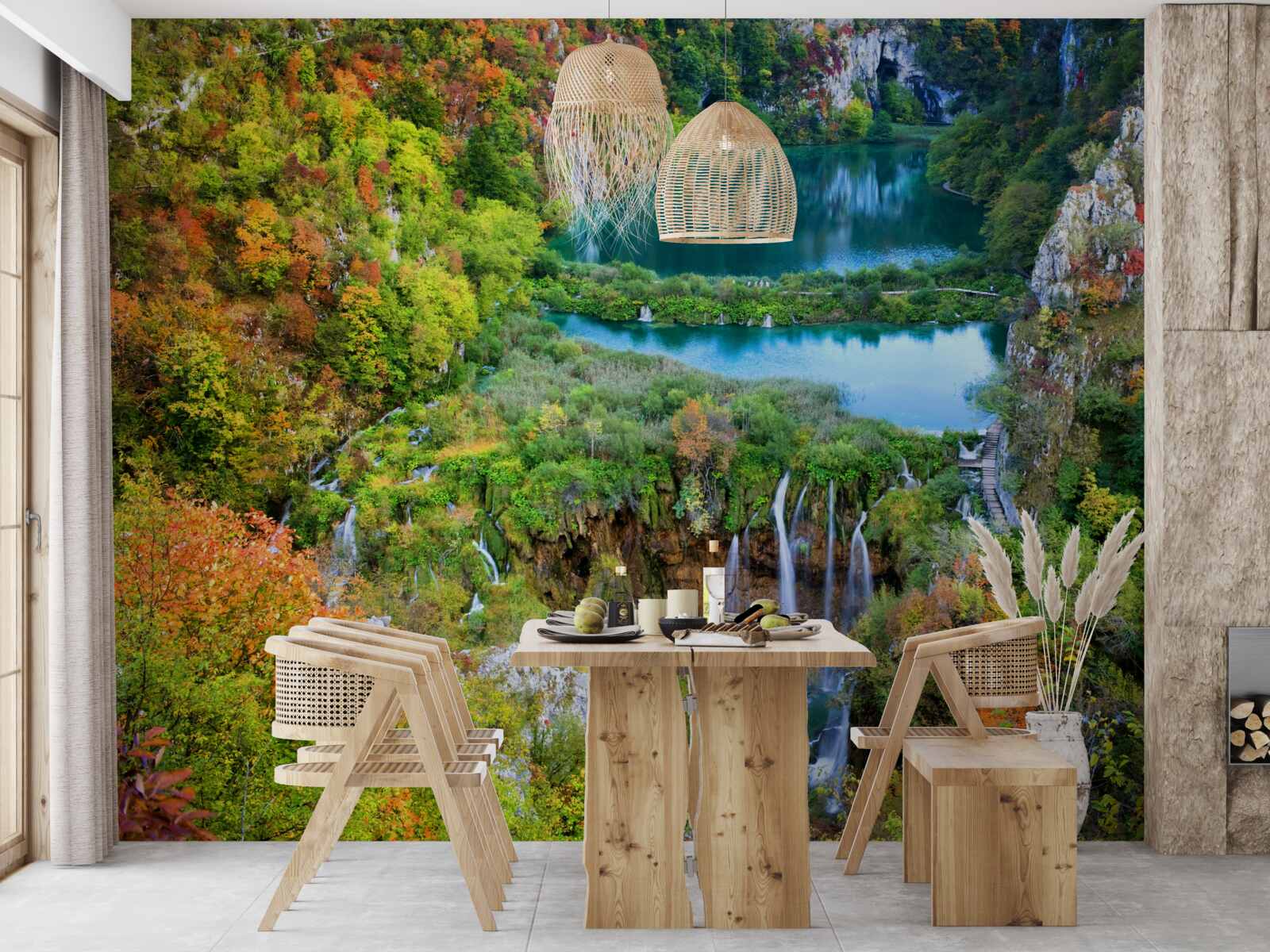 Фотошпалери осінній ліс, прикрашений струмливим водоспадом