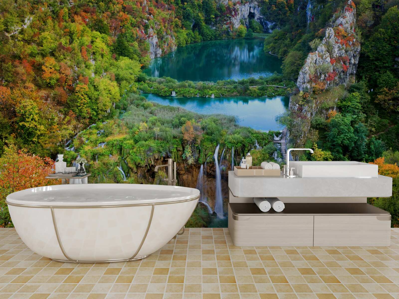 Фотошпалери осінній ліс, прикрашений струмливим водоспадом