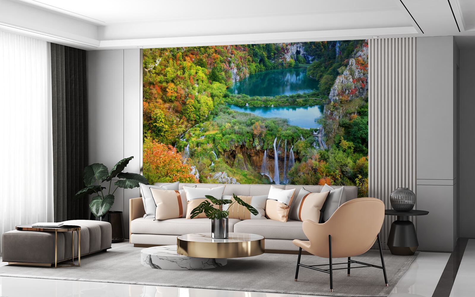 Фотошпалери осінній ліс, прикрашений струмливим водоспадом