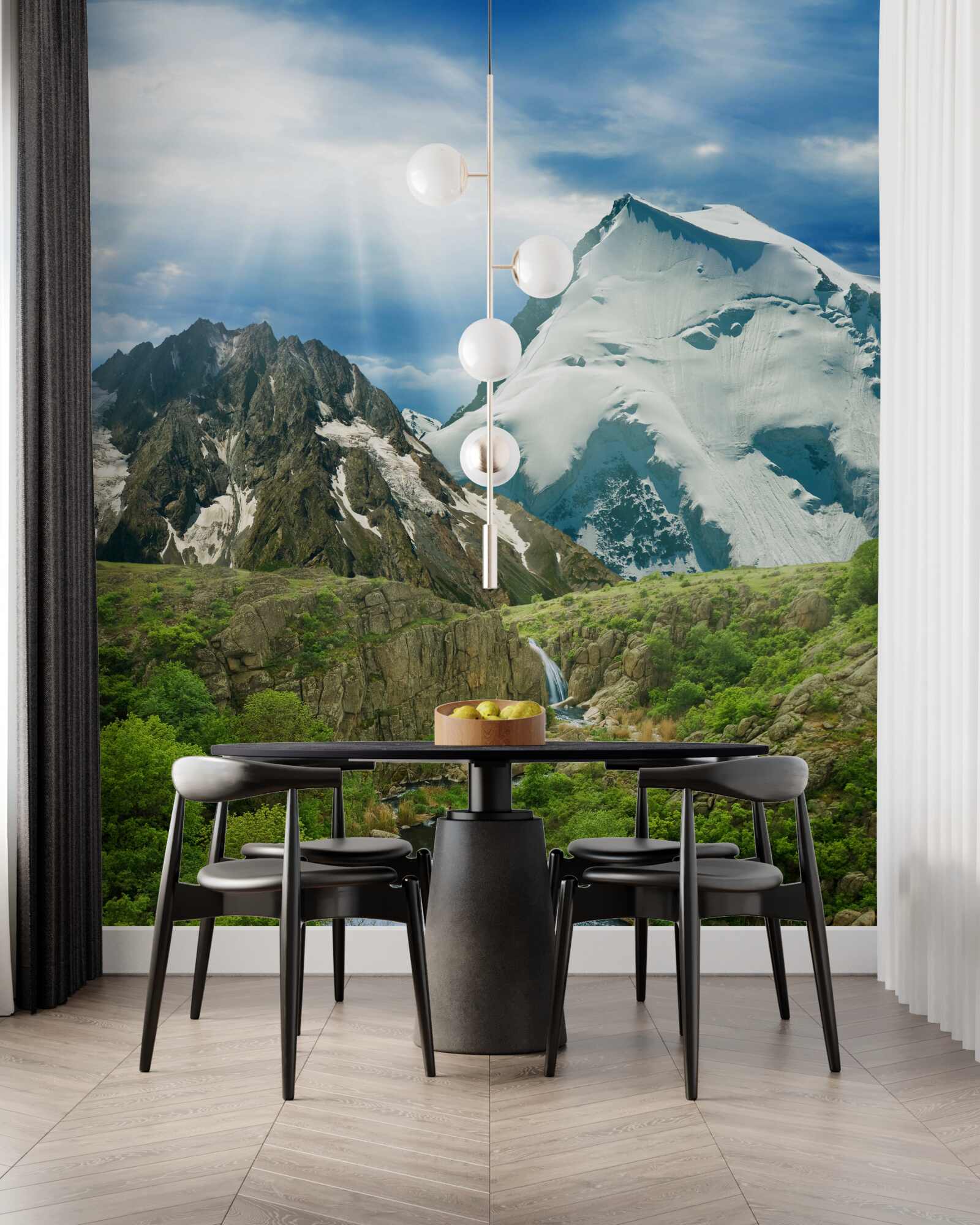 Фотошпалери Світло сонячних променів, що пробиваються крізь гори в лісі