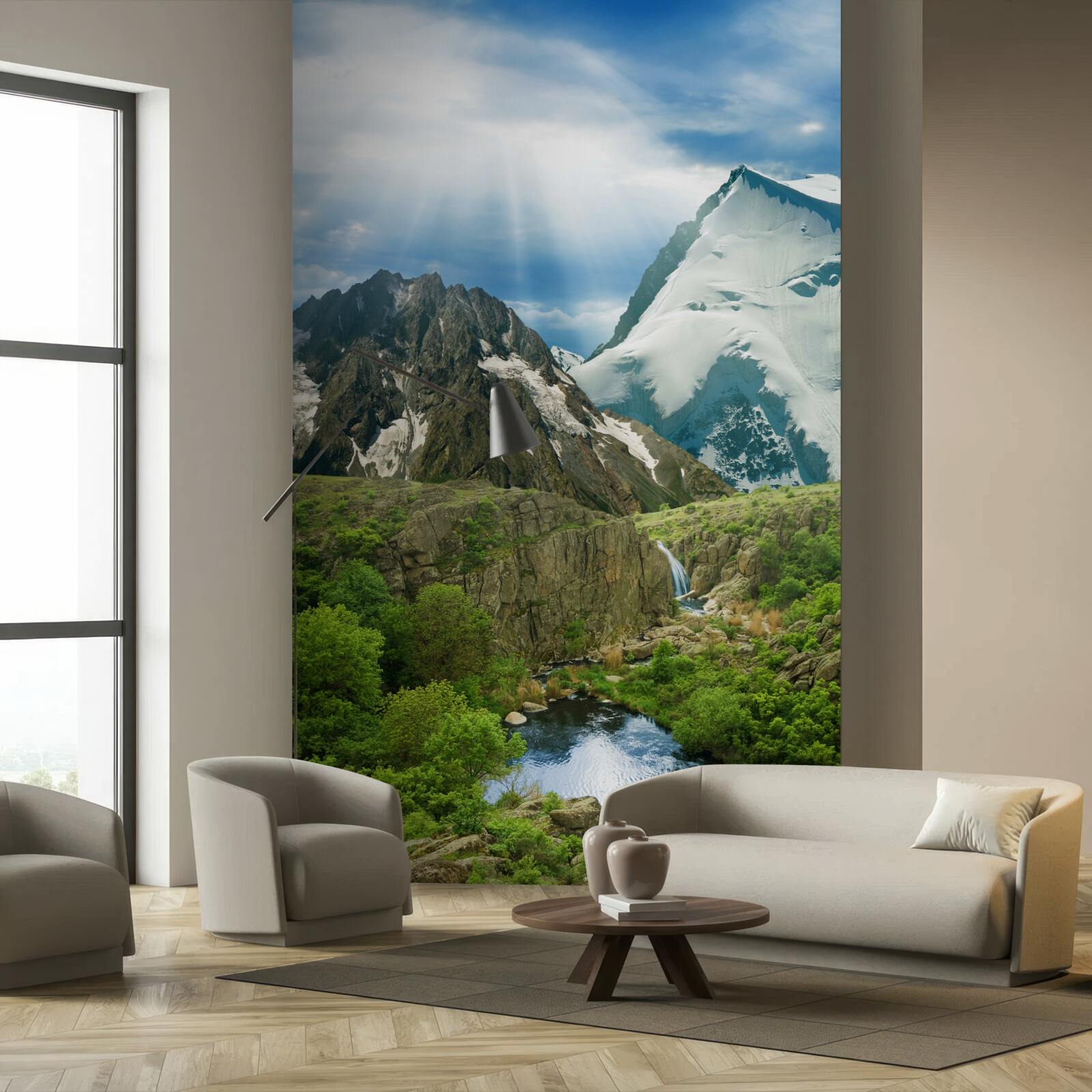 Фотошпалери Світло сонячних променів, що пробиваються крізь гори в лісі