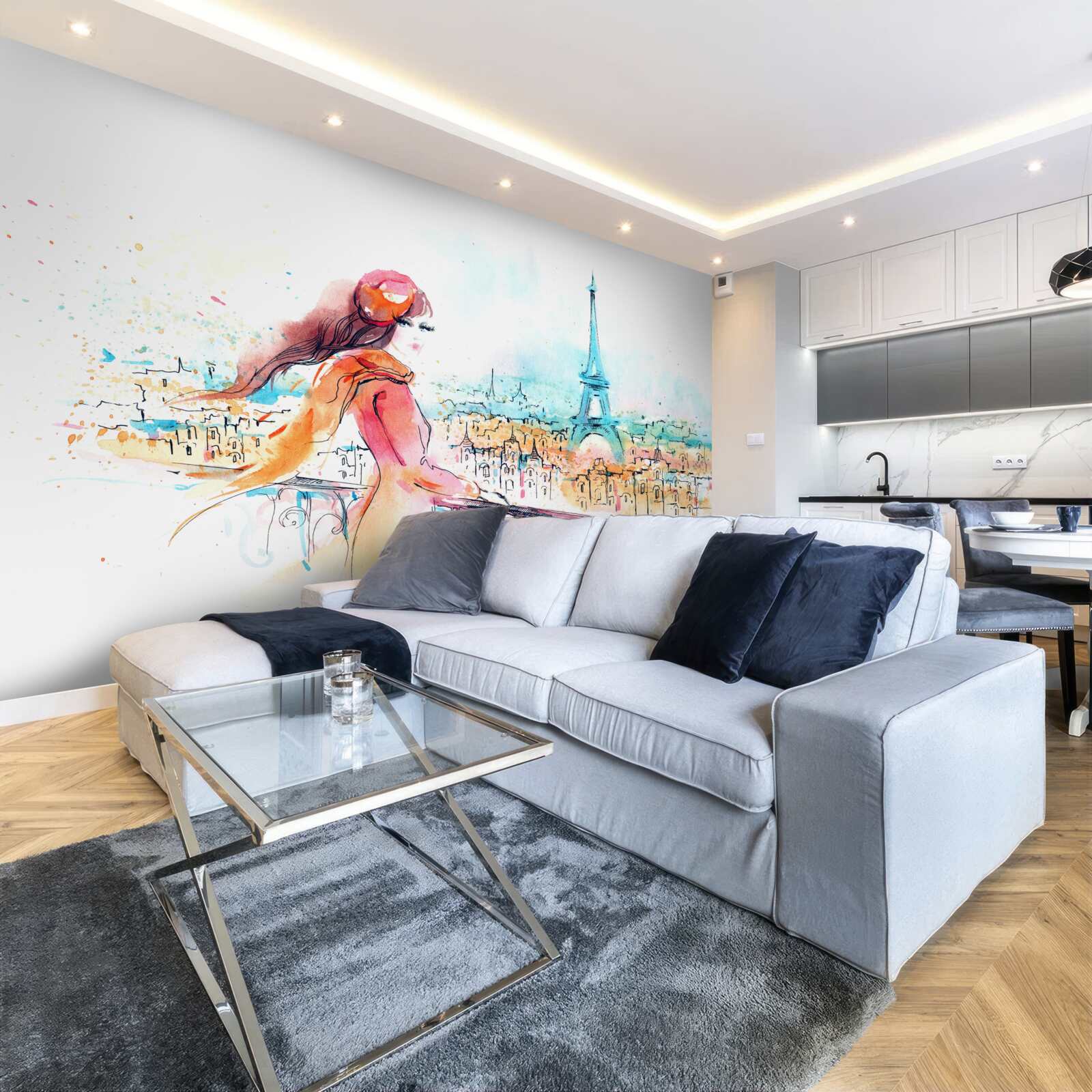 Фотошпалери дівчина гуляє акварельним парижем