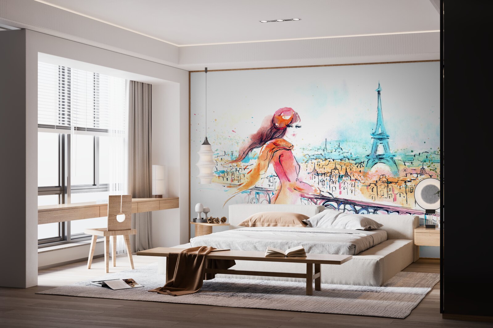 Фотошпалери дівчина гуляє акварельним парижем