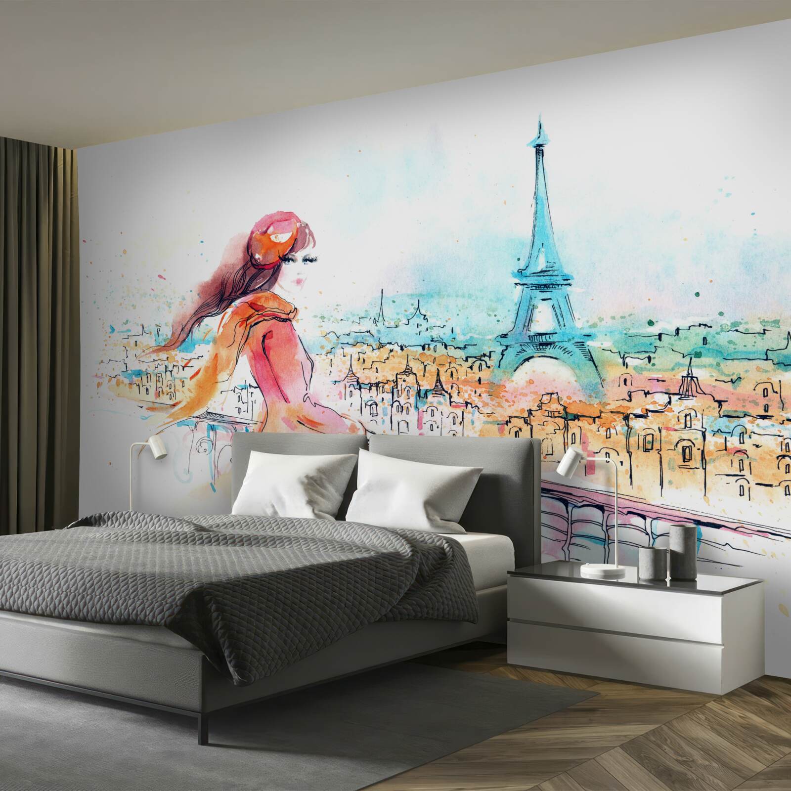 Фотошпалери дівчина гуляє акварельним парижем