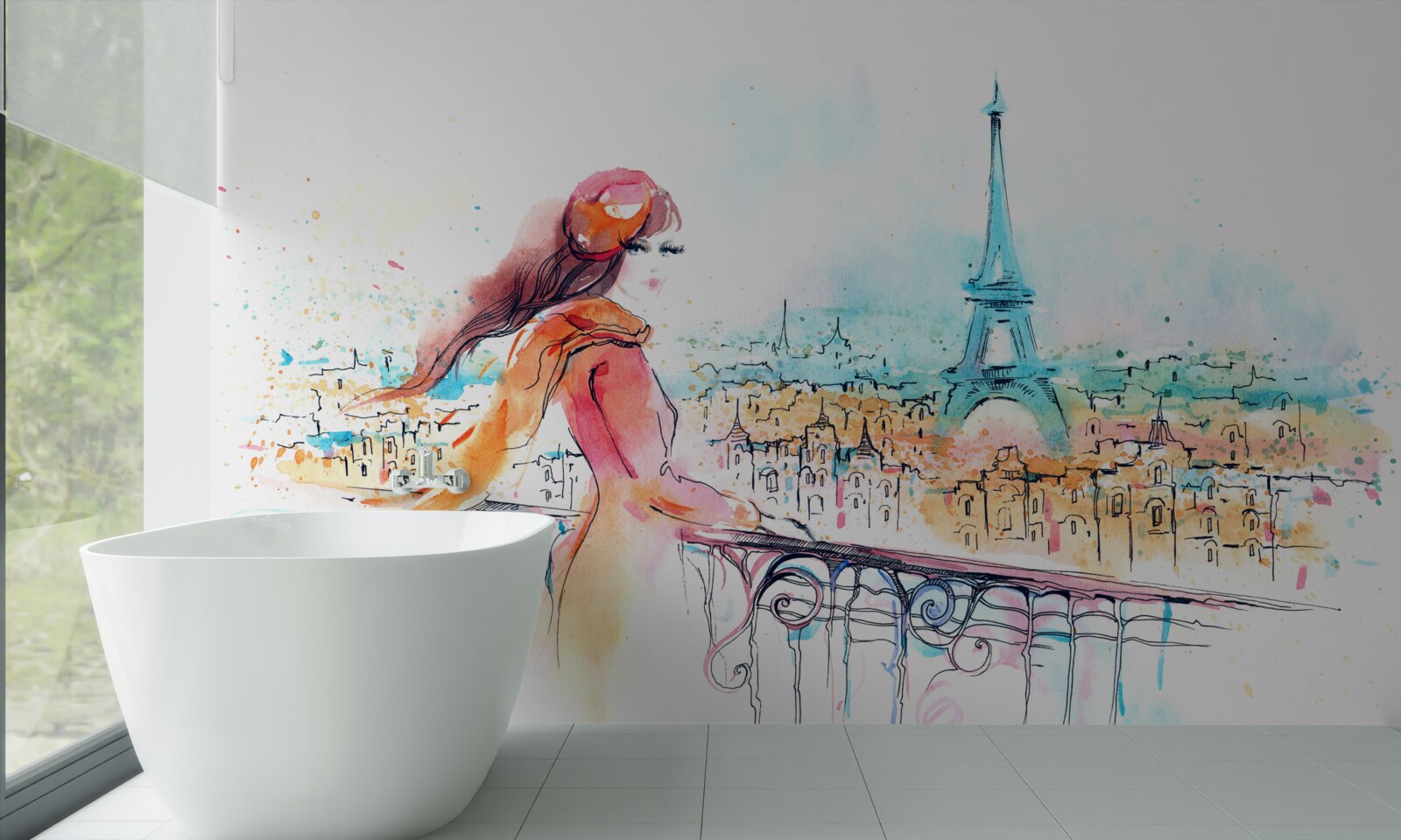 Фотошпалери дівчина гуляє акварельним парижем