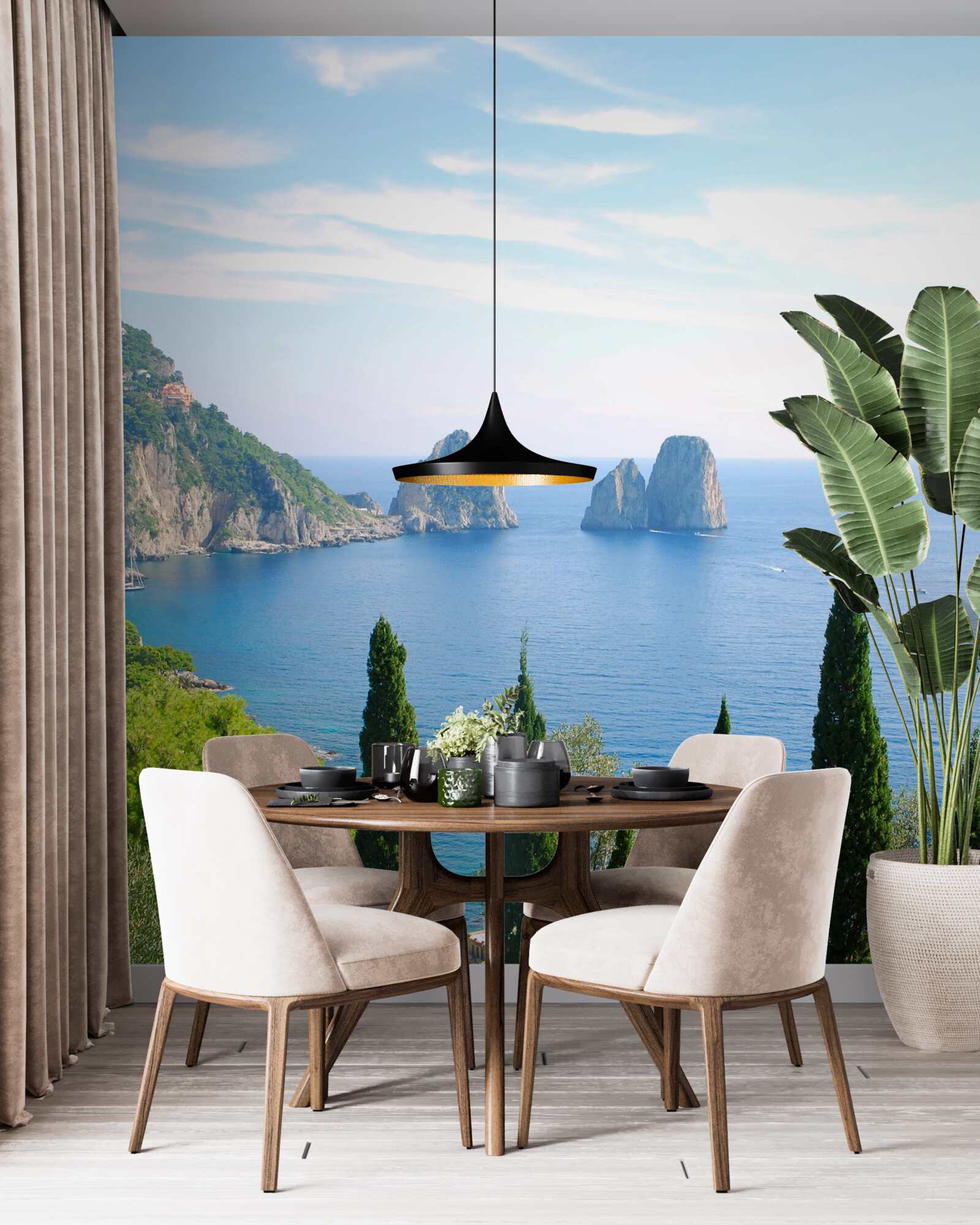 Фотошпалери скелястий берег і високі кипариси