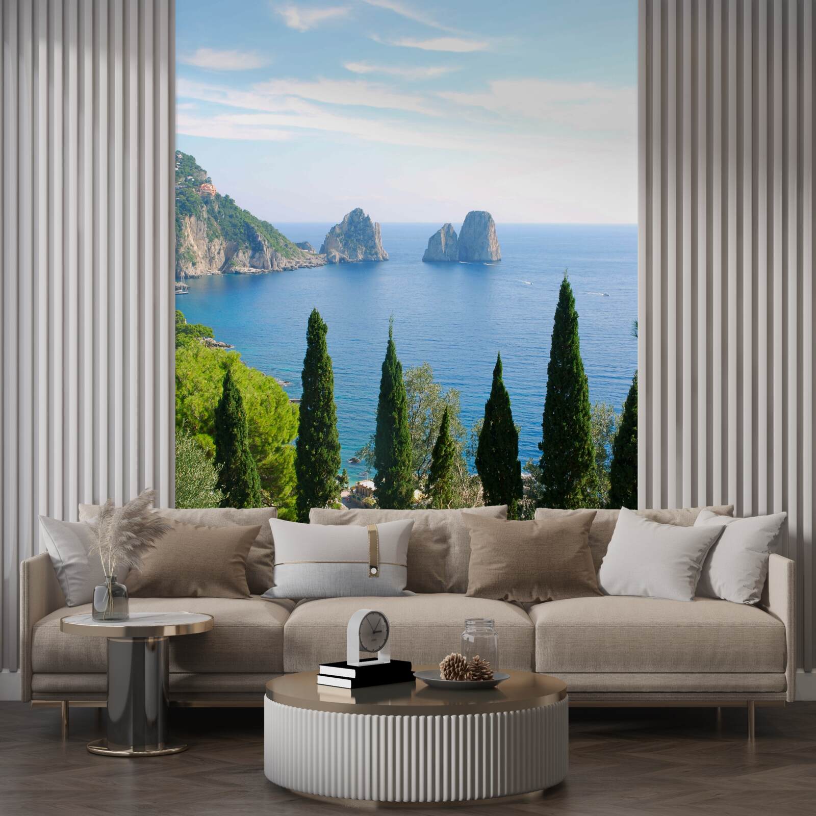 Фотошпалери скелястий берег і високі кипариси