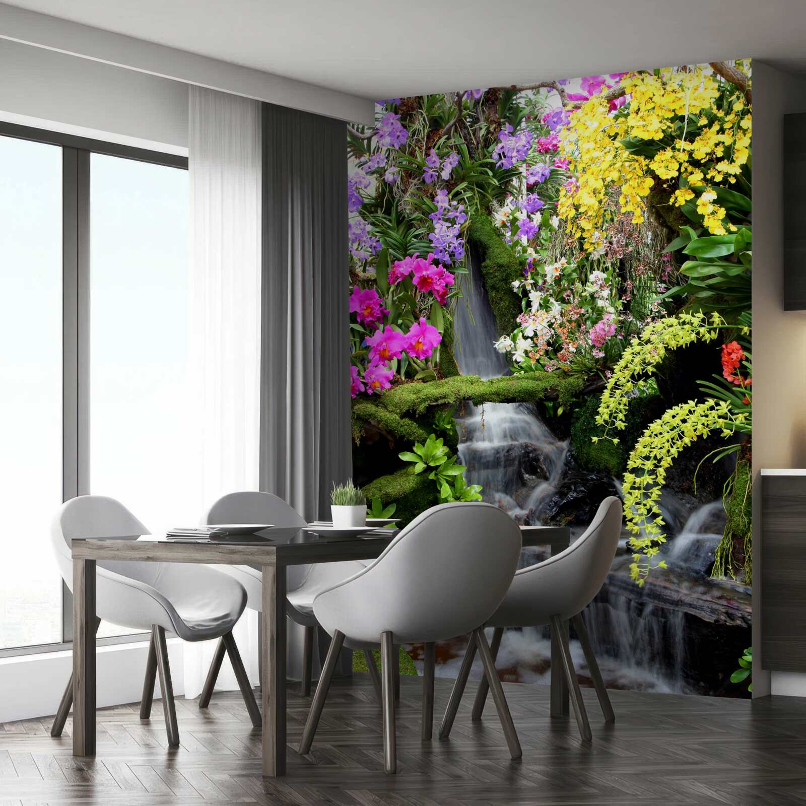 Фотошпалери каскад води серед насичених відтінків квітів