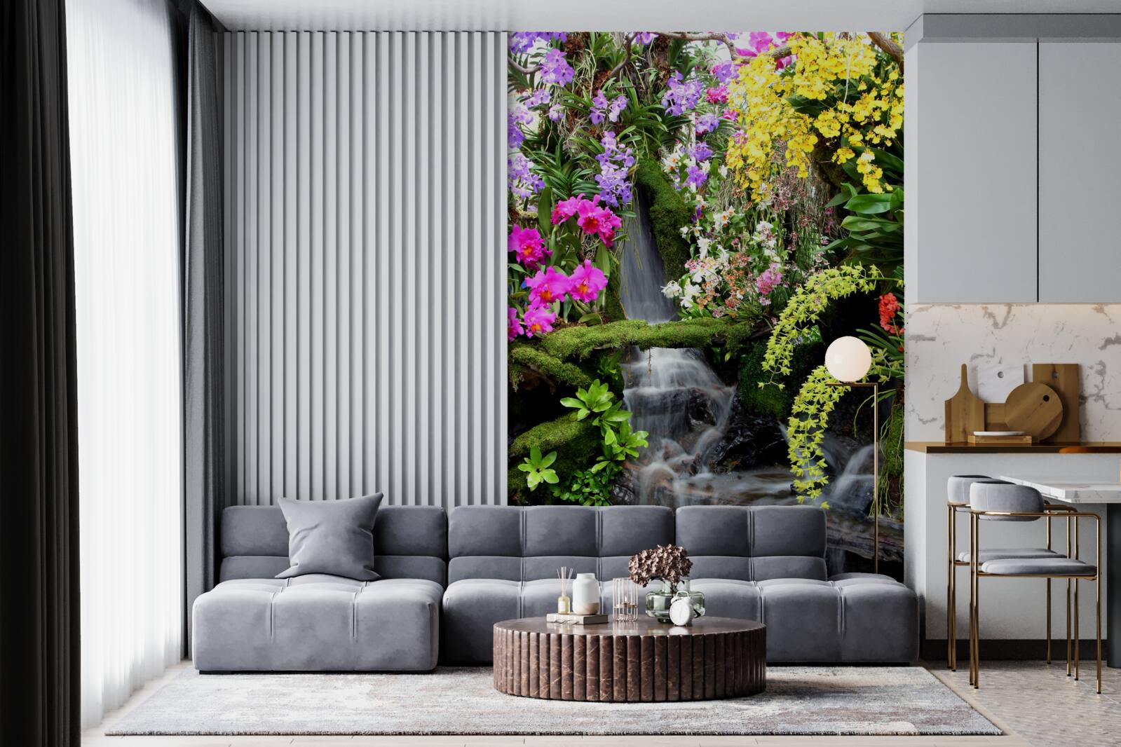 Фотошпалери каскад води серед насичених відтінків квітів