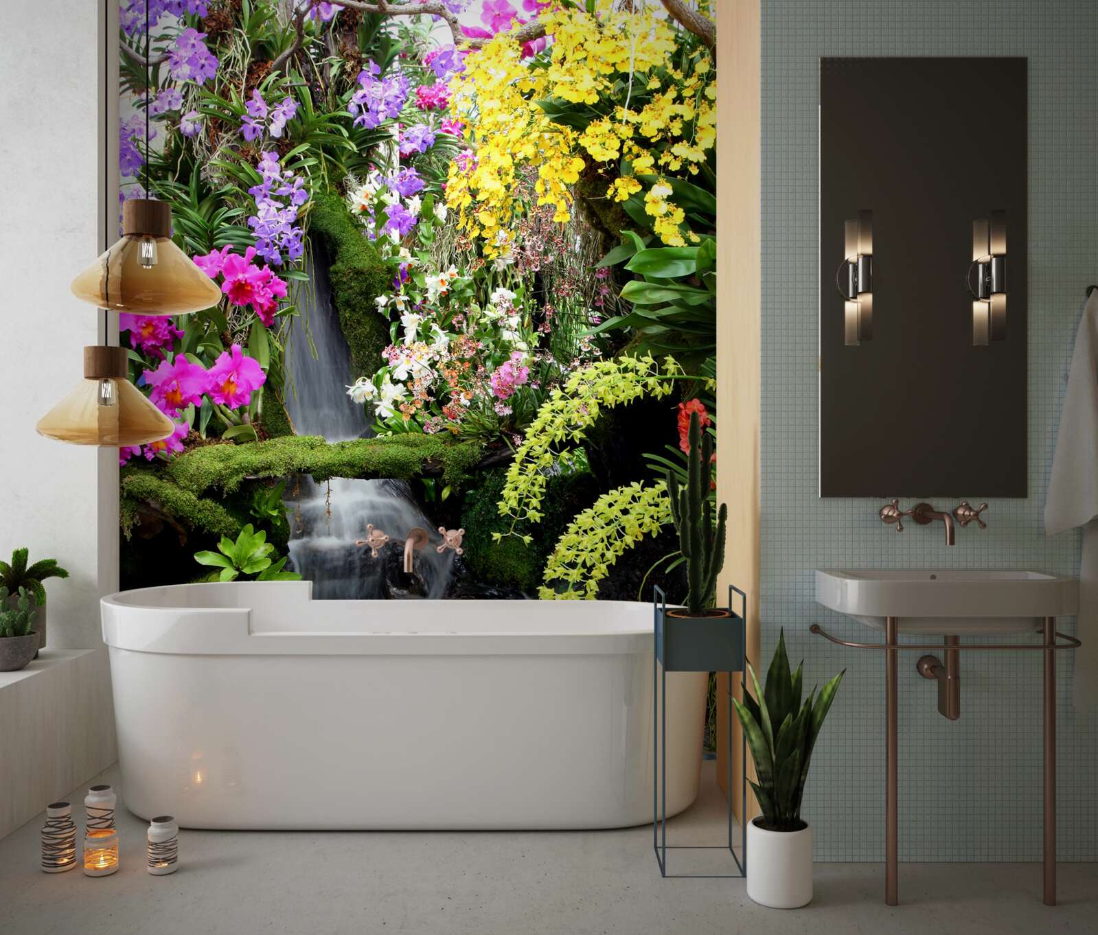 Фотошпалери каскад води серед насичених відтінків квітів