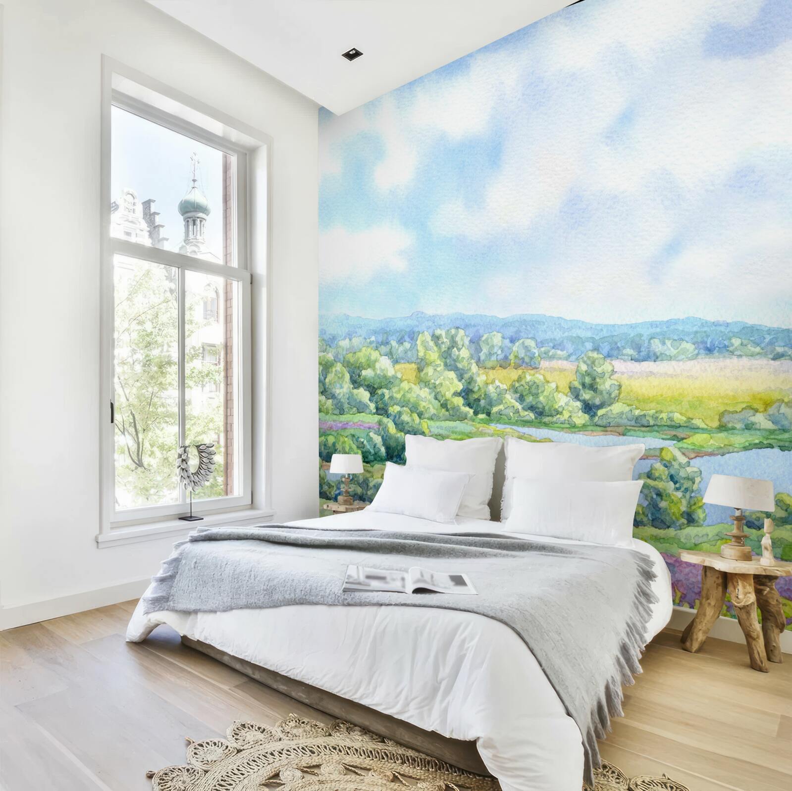 Фотошпалери яскравий день на лузі, повному квітучих рослин