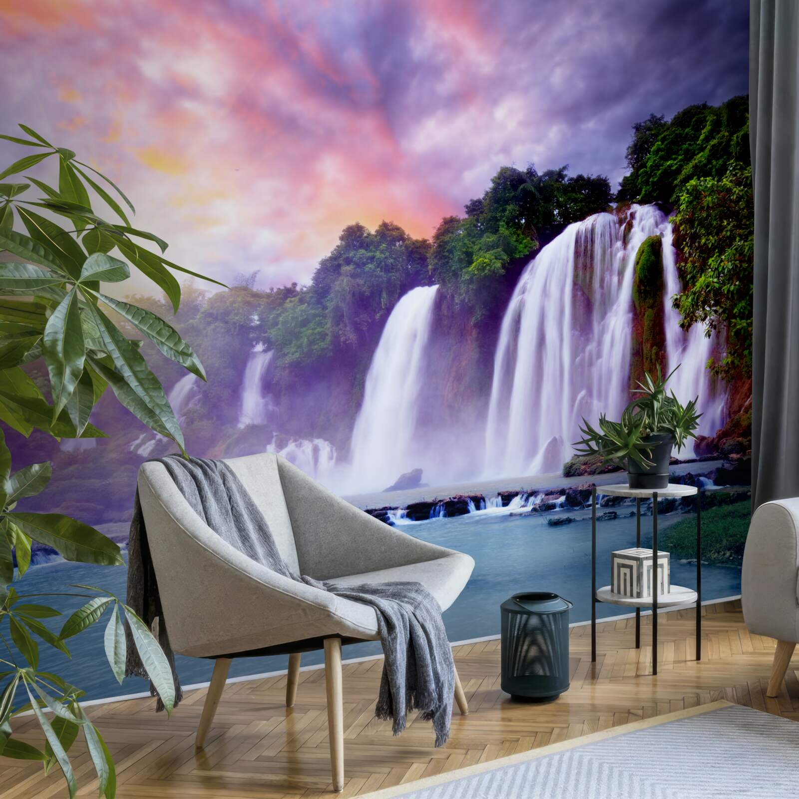 Фотошпалери величезний водоспад, що каскадом спадає на тлі західного неба