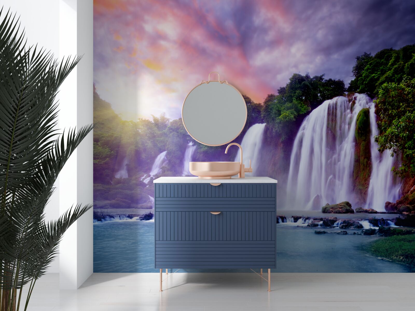 Фотошпалери величезний водоспад, що каскадом спадає на тлі західного неба