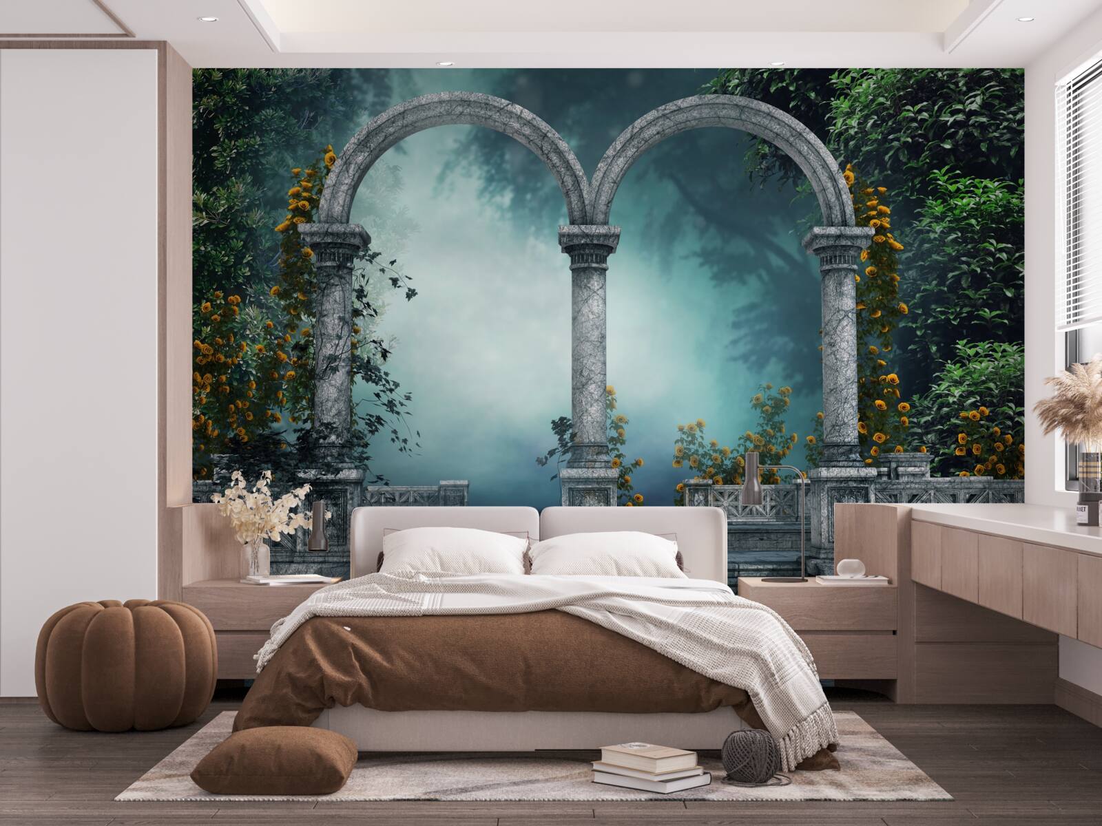 Фотошпалери старовинна округла арка в туманному лісі