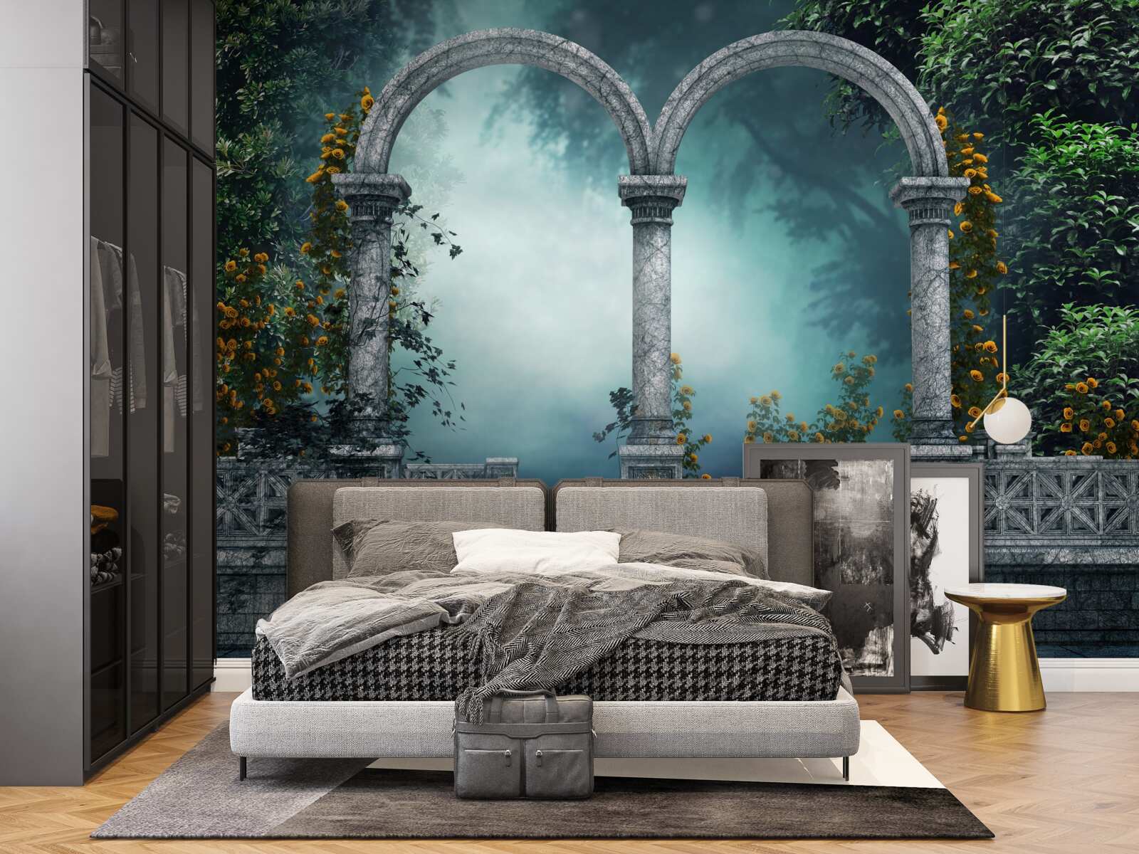 Фотошпалери старовинна округла арка в туманному лісі