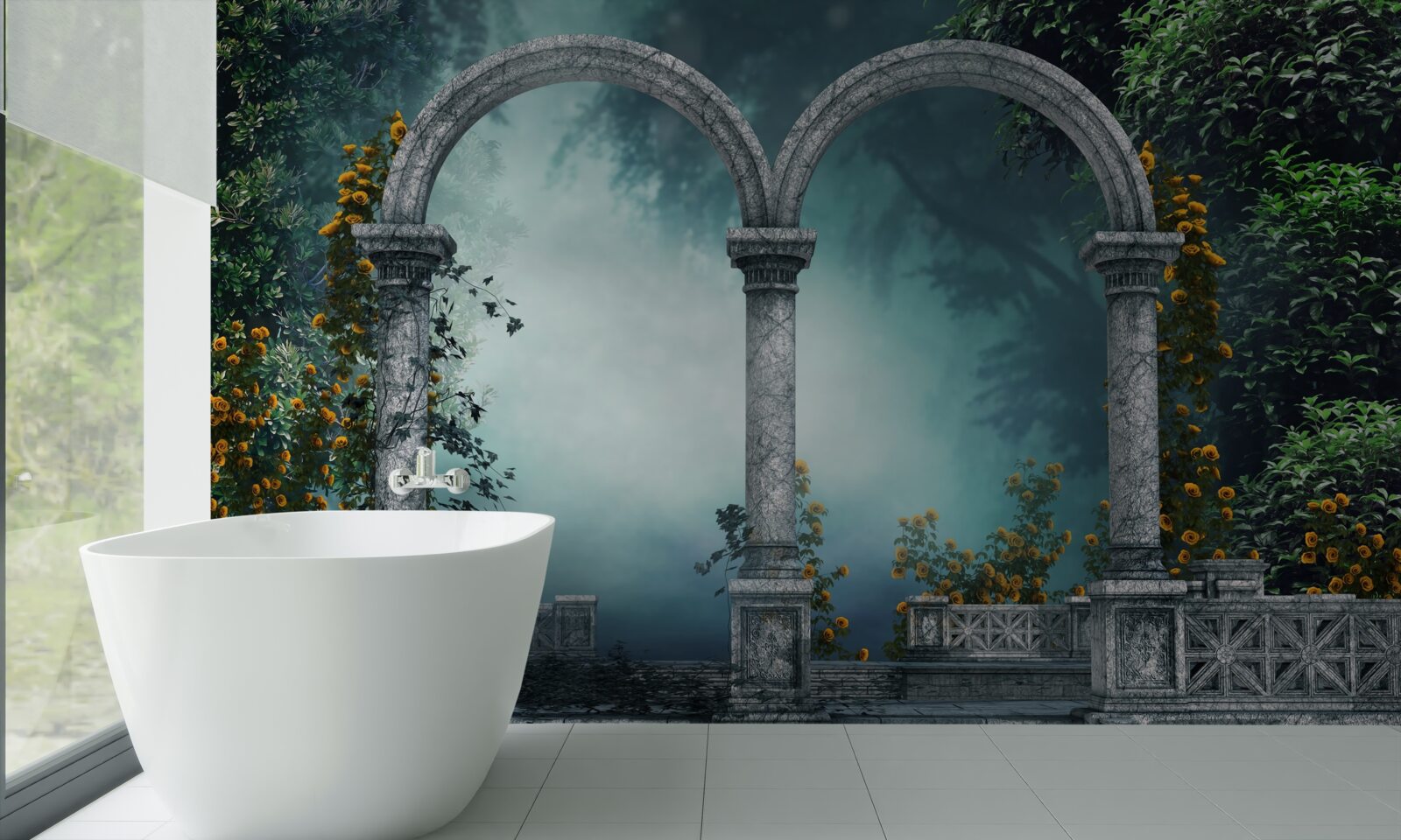 Фотошпалери старовинна округла арка в туманному лісі