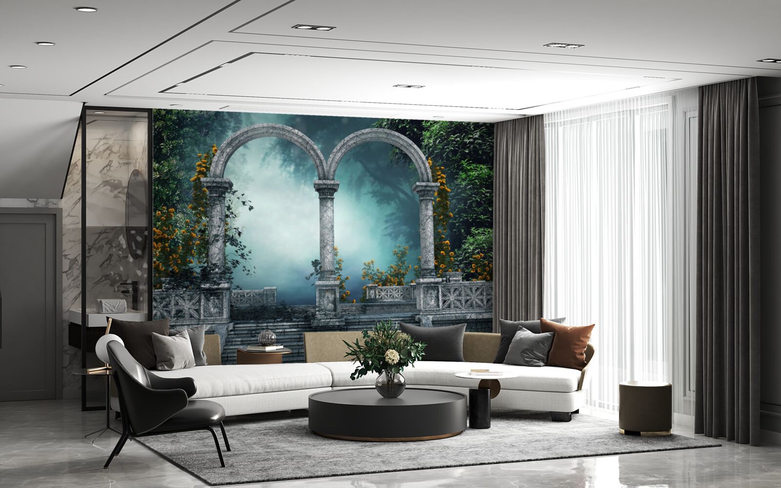 Фотошпалери старовинна округла арка в туманному лісі