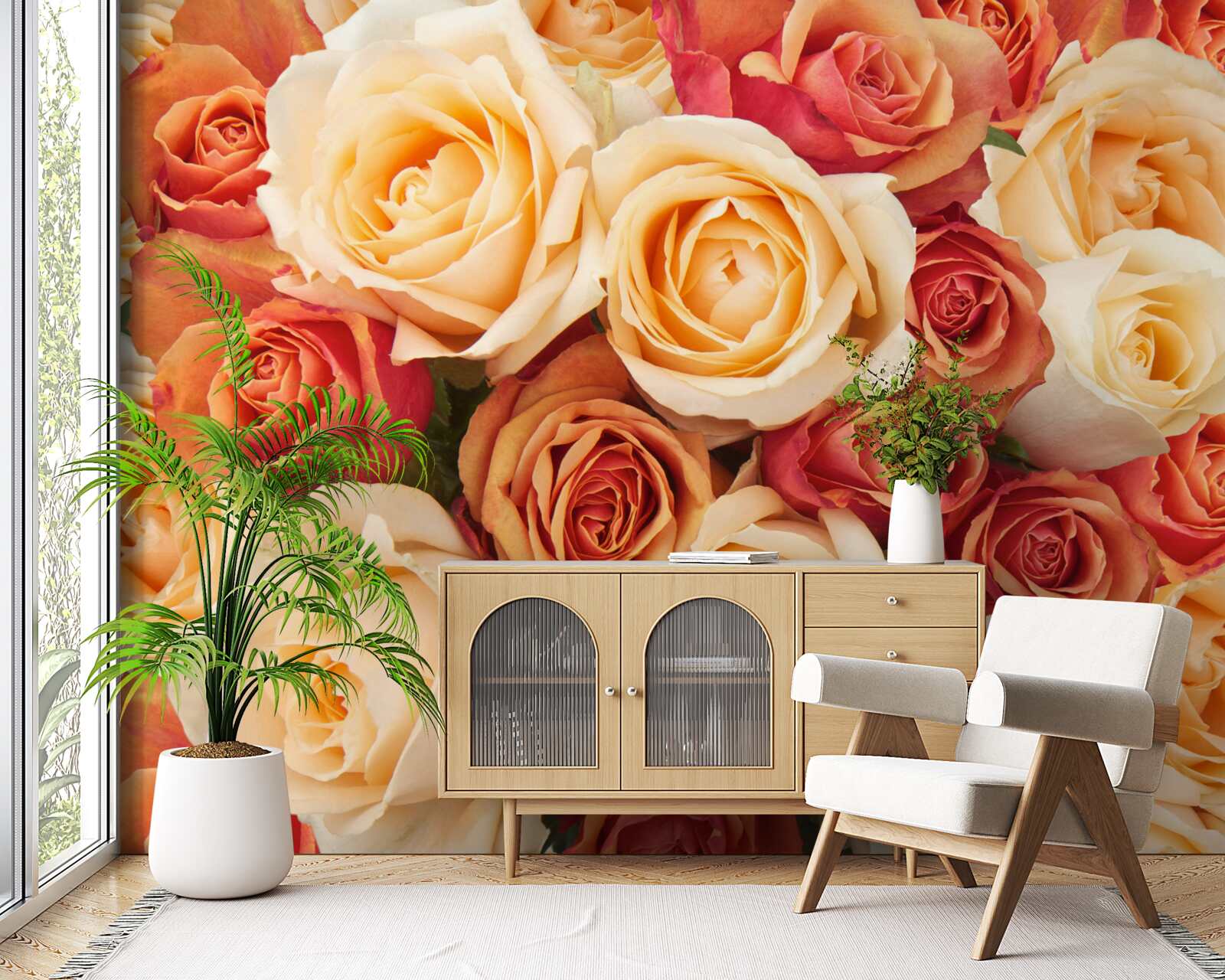 Фотошпалери троянди з м'якими квітами у світлих та персикових тонах