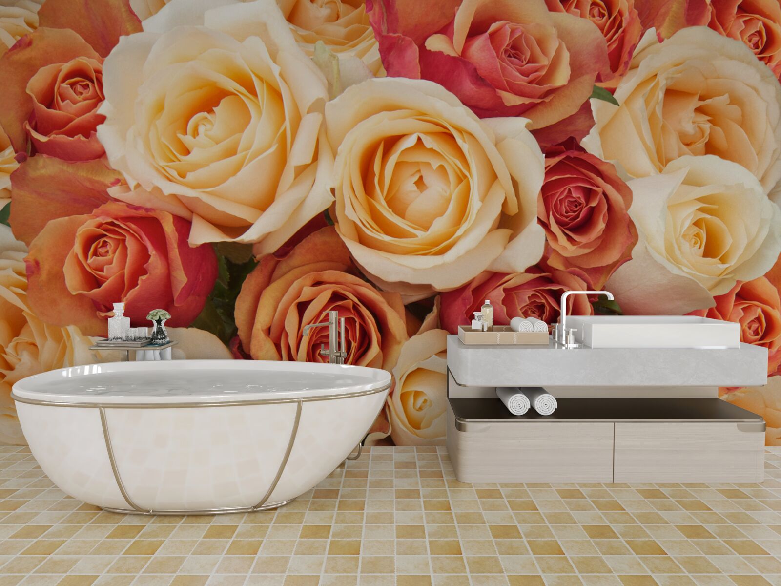 Фотошпалери троянди з м'якими квітами у світлих та персикових тонах