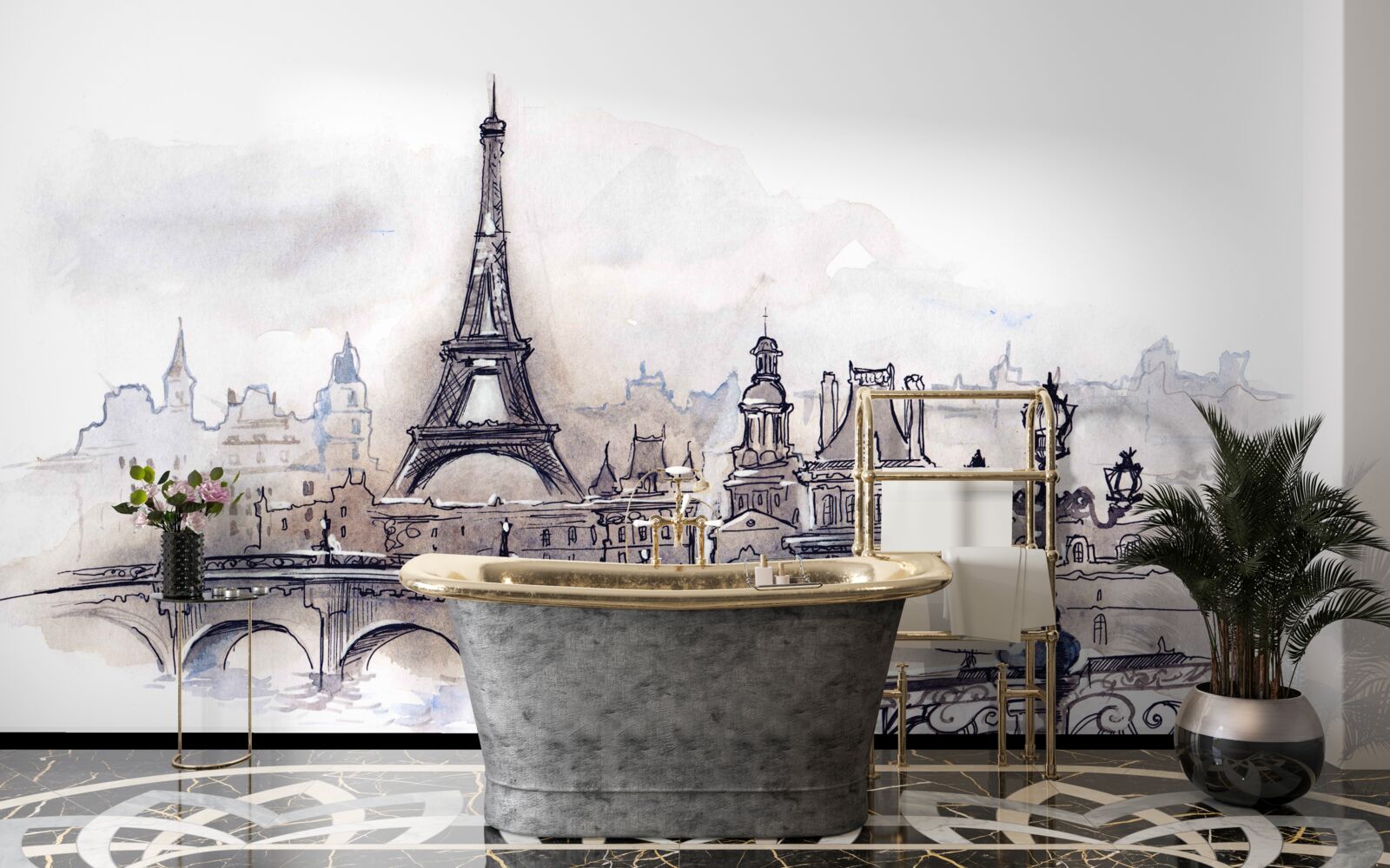 Фотошпалери Ейфелева вежа та архітектурні ескізи олівцем