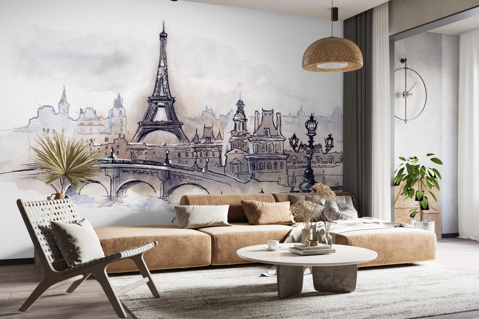 Фотошпалери Ейфелева вежа та архітектурні ескізи олівцем