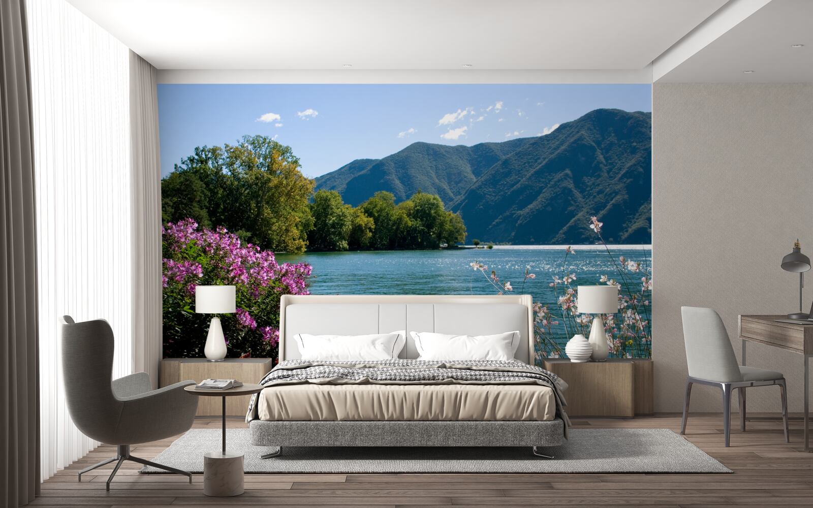 Фотошпалери тихе гірське озеро та квітучі літні рослини
