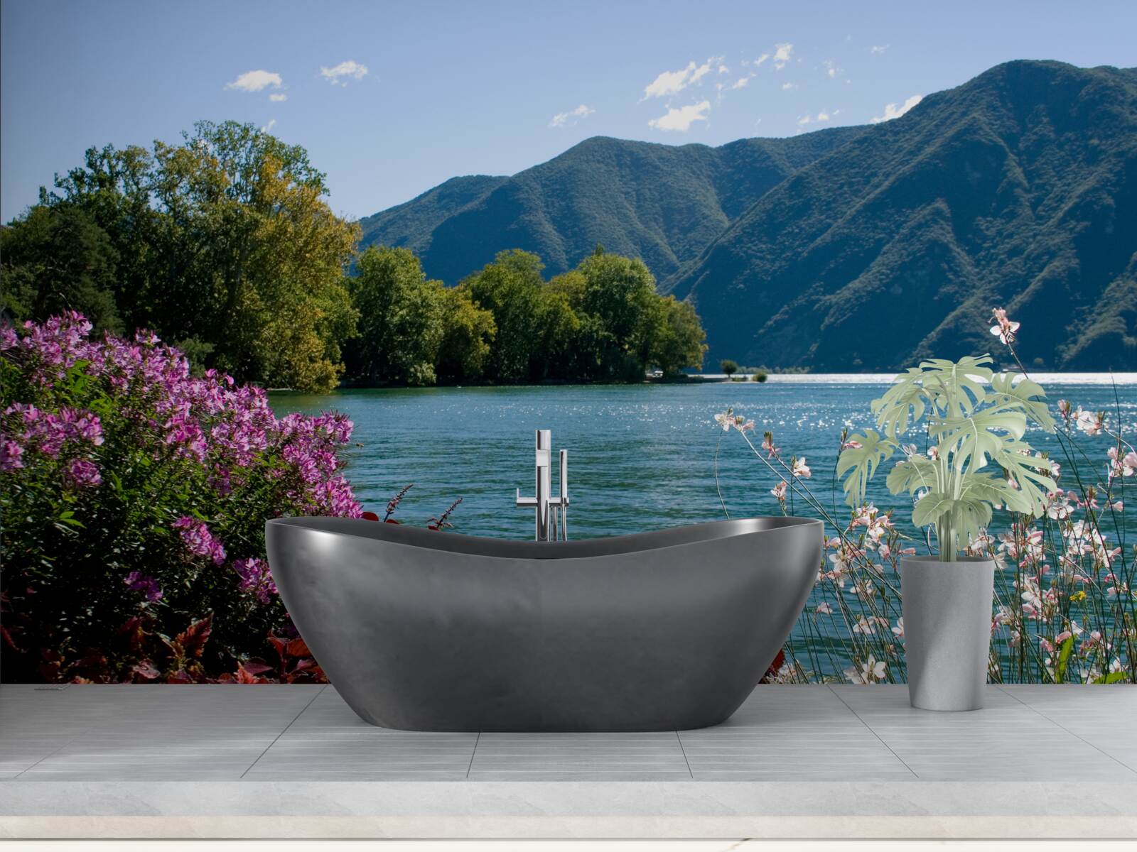 Фотошпалери тихе гірське озеро та квітучі літні рослини