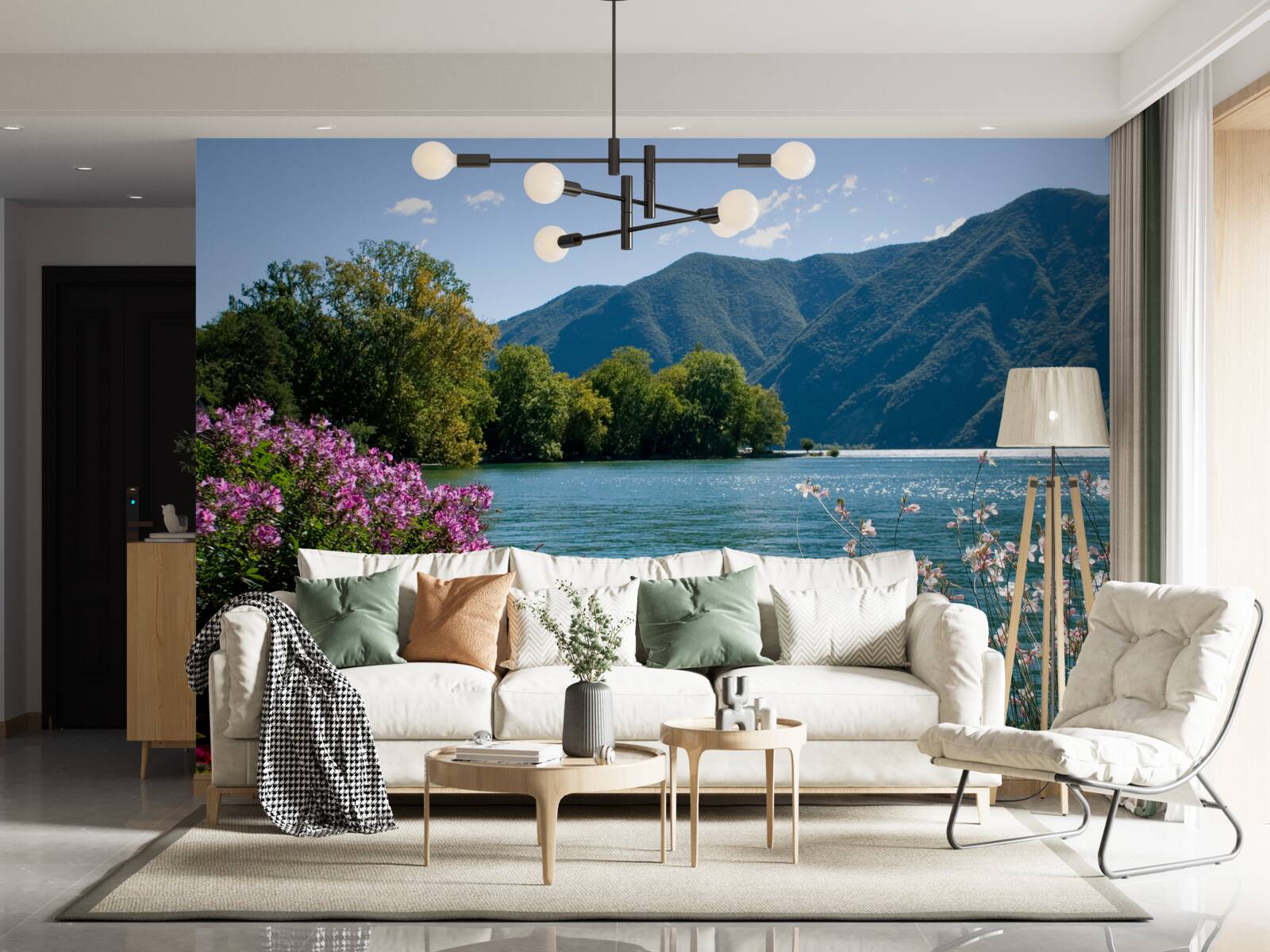 Фотошпалери тихе гірське озеро та квітучі літні рослини