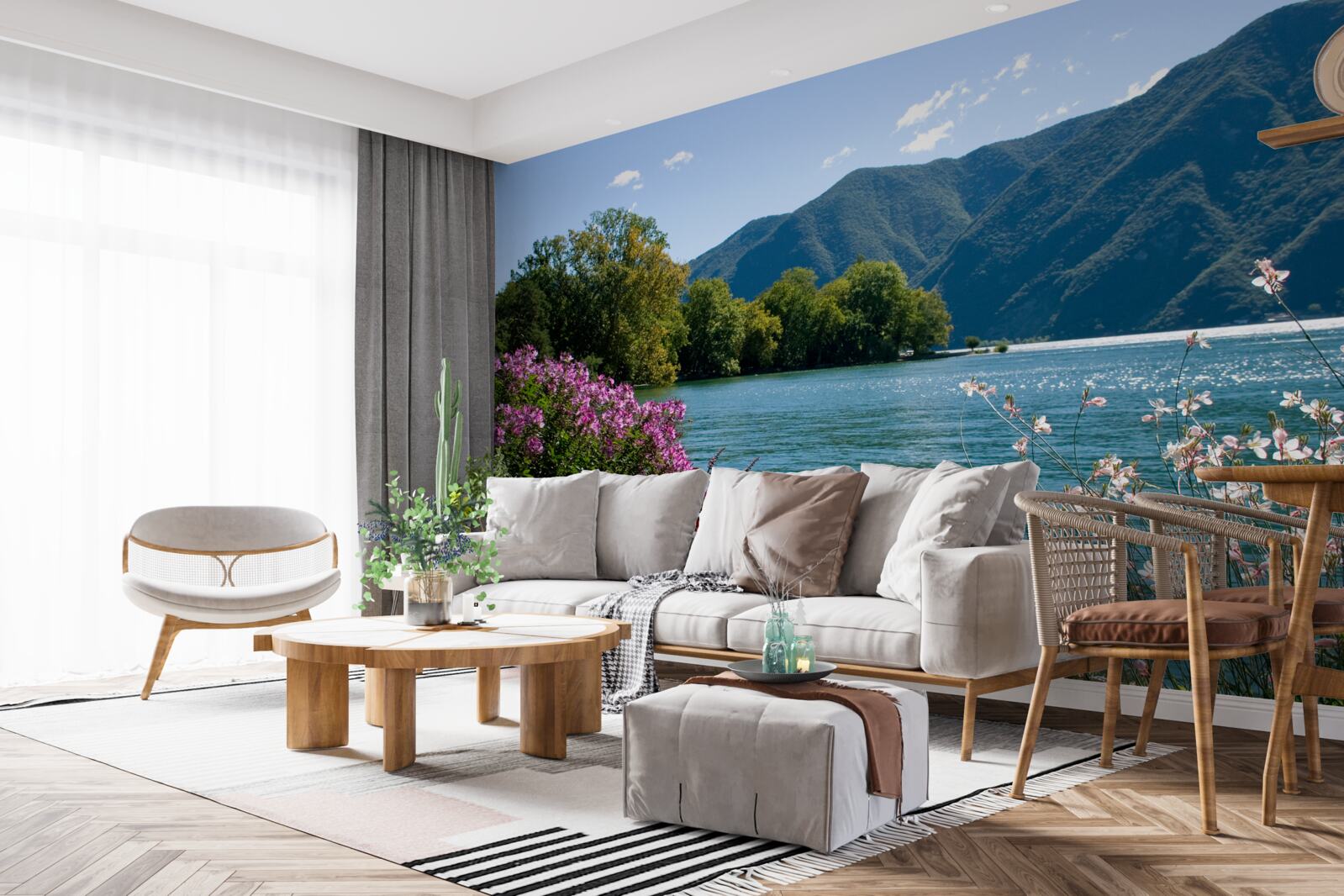 Фотошпалери тихе гірське озеро та квітучі літні рослини