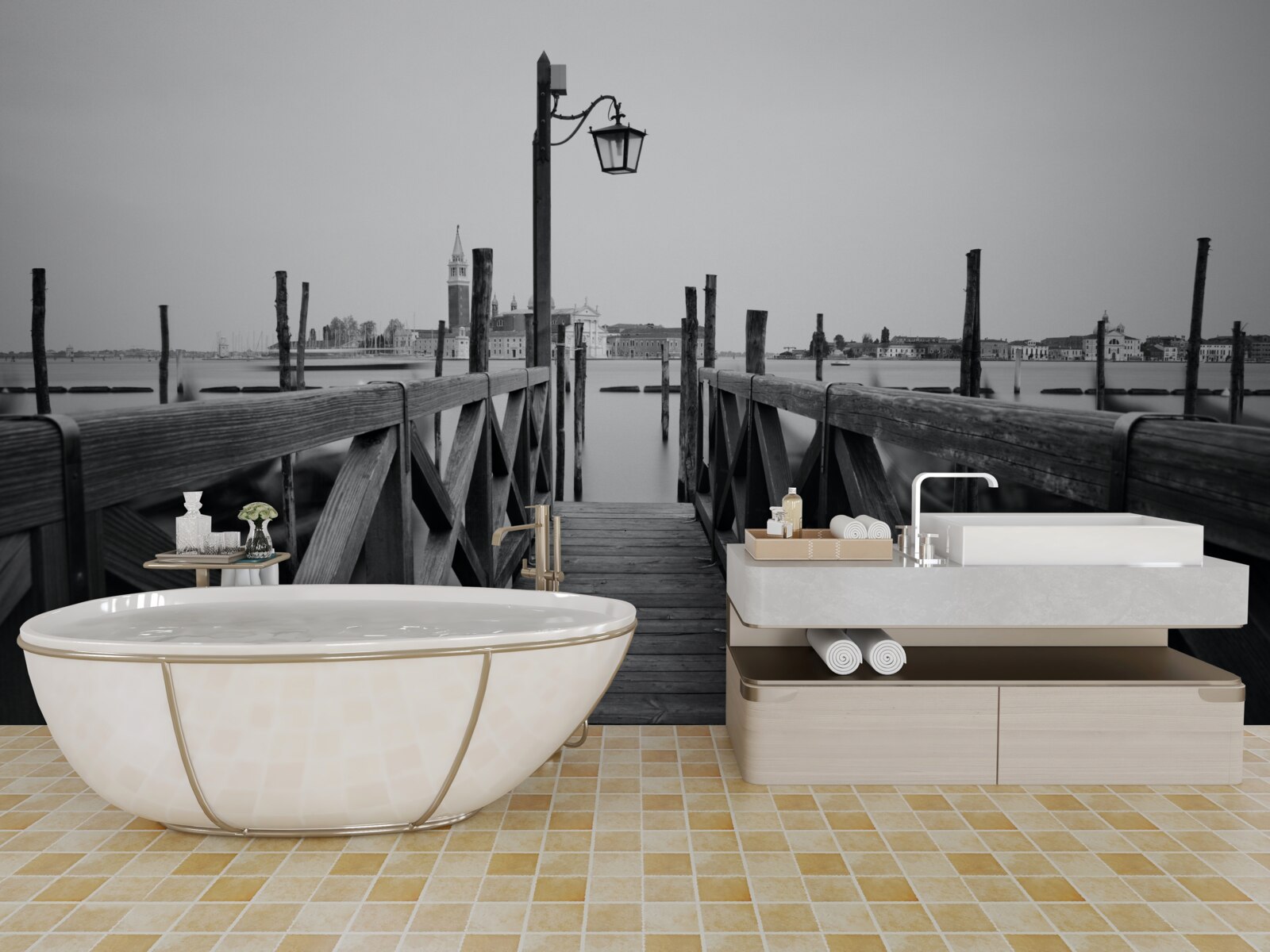 Фотошпалери набережна з дерева біля води