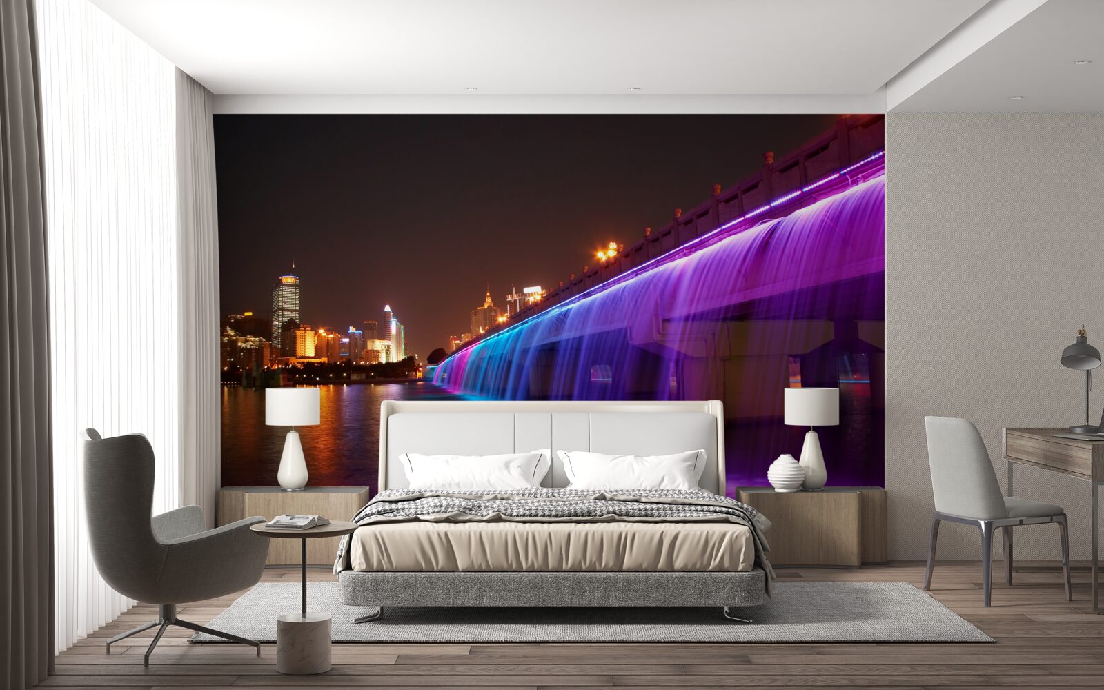 Фотошпалери люмінесцентне освітлення води біля мосту