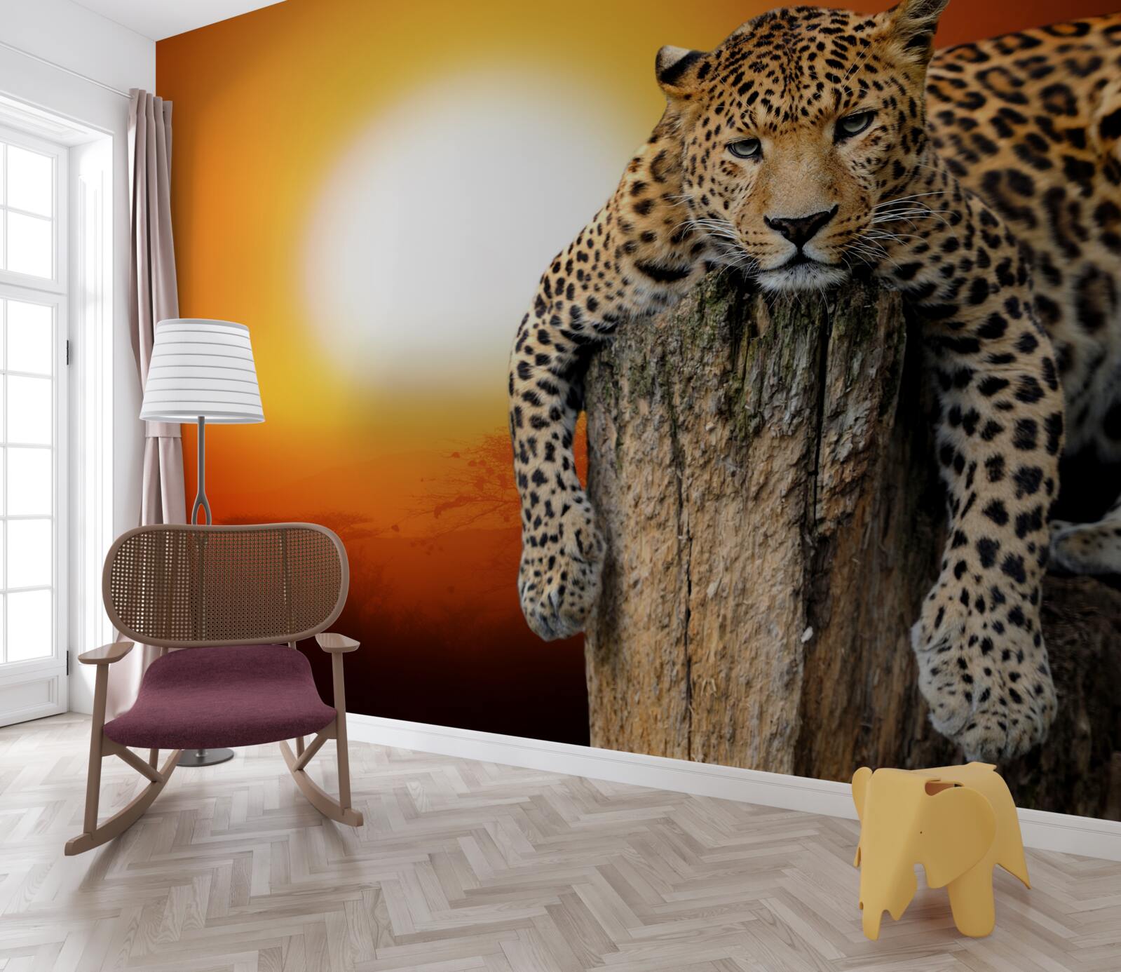 Фотошпалери леопард насолоджується заходом сонця