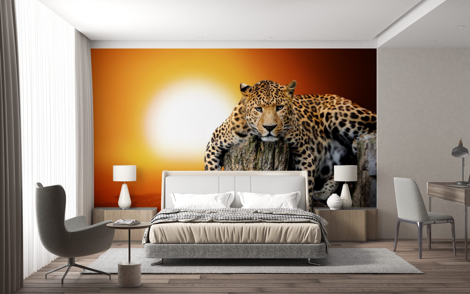 Фотошпалери леопард насолоджується заходом сонця