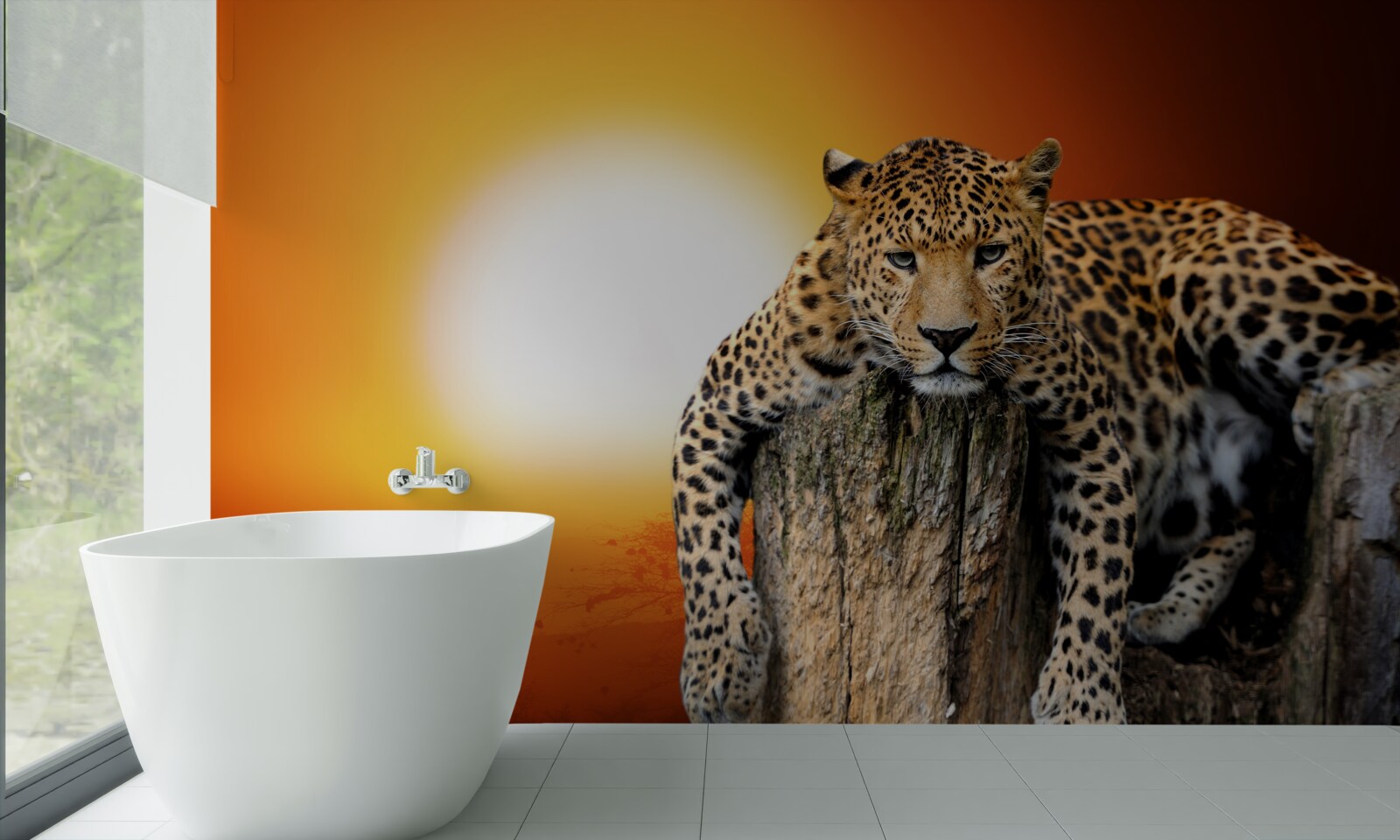 Фотошпалери леопард насолоджується заходом сонця