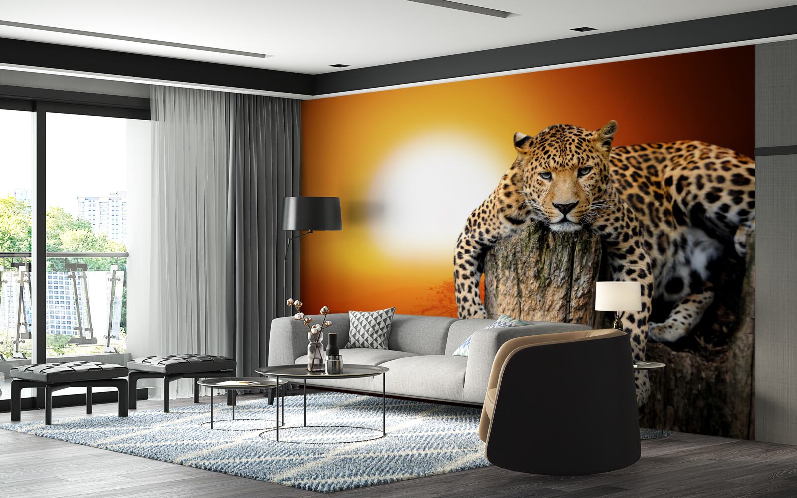 Фотошпалери леопард насолоджується заходом сонця