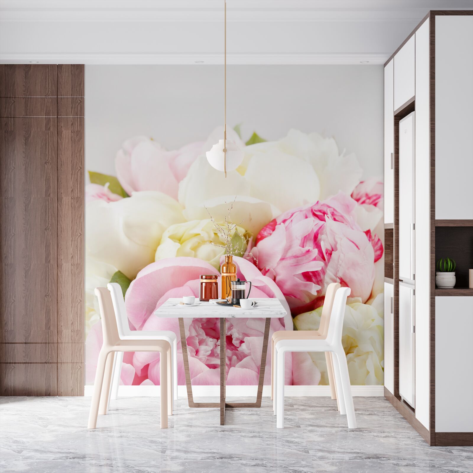 Фотошпалери ніжні півонієподібні троянди в білому та рожевому кольорах