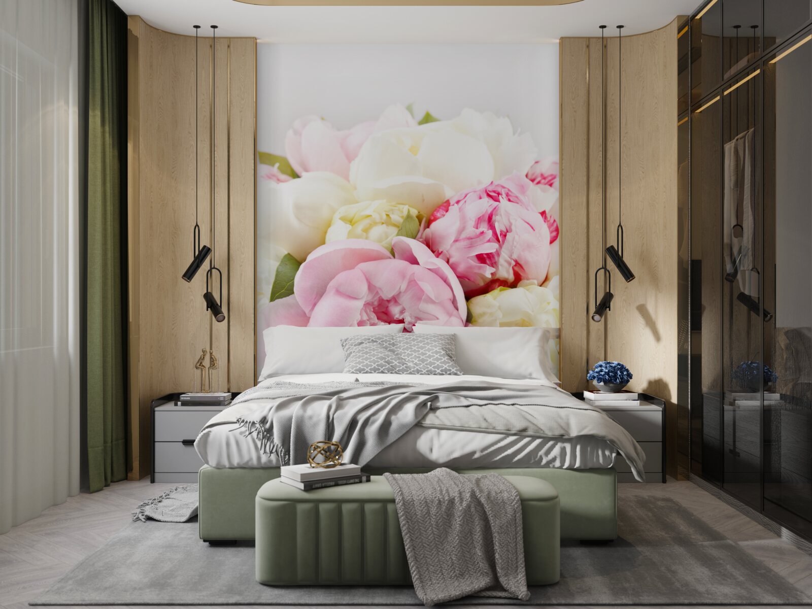 Фотошпалери ніжні півонієподібні троянди в білому та рожевому кольорах