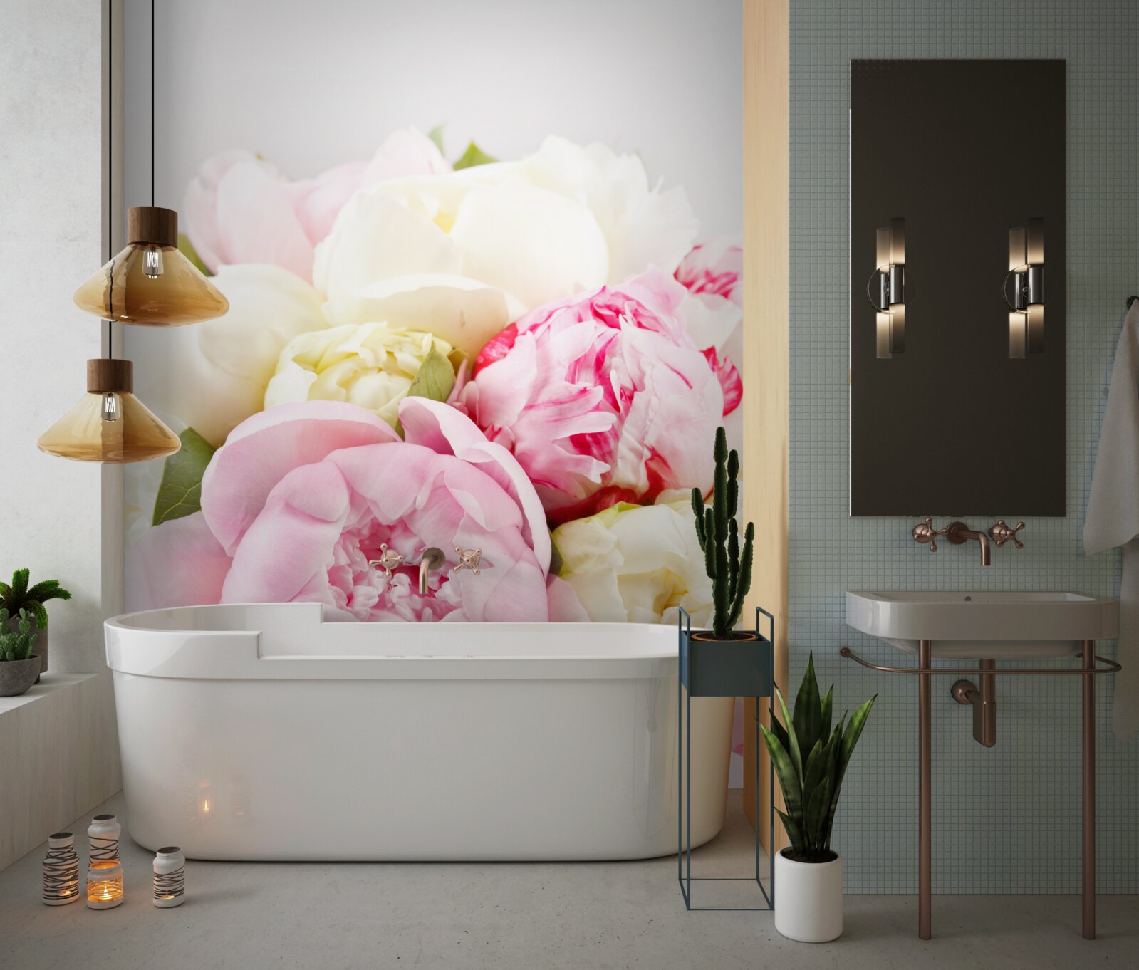 Фотошпалери ніжні півонієподібні троянди в білому та рожевому кольорах