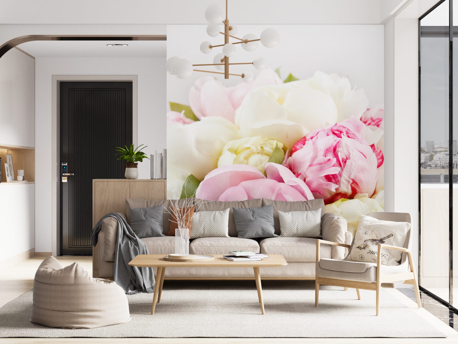 Фотошпалери ніжні півонієподібні троянди в білому та рожевому кольорах