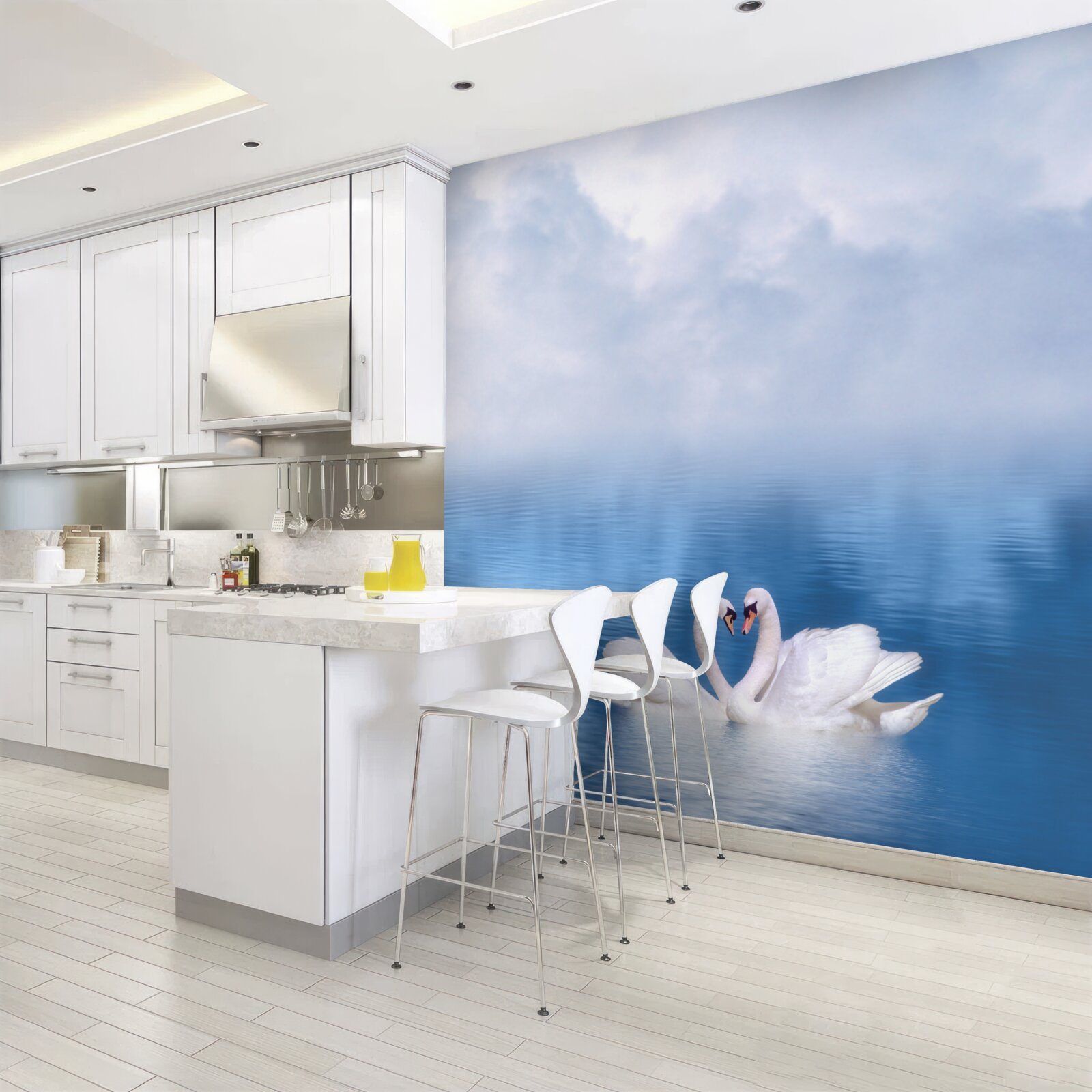 Фотошпалери сім'я білих лебедів на туманному озері в горах