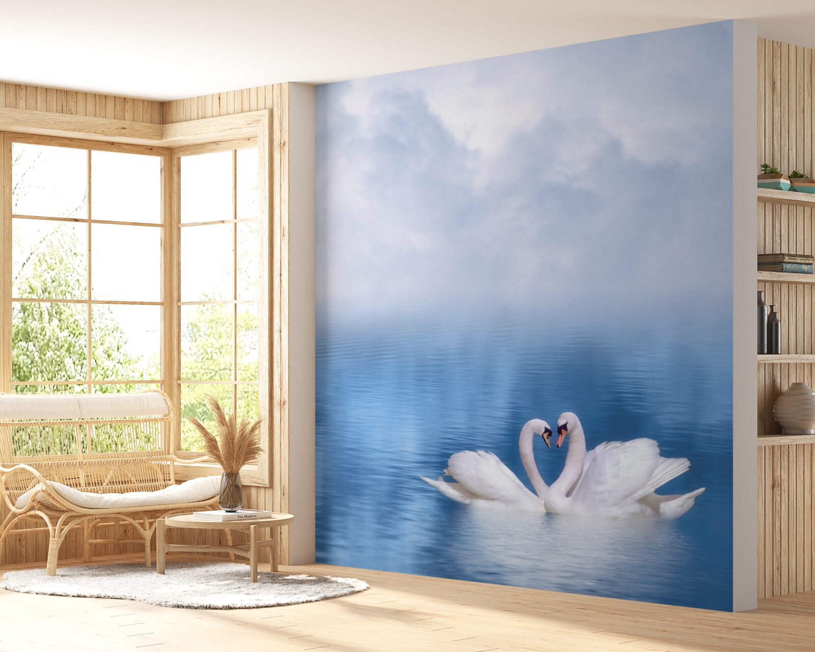 Фотошпалери сім'я білих лебедів на туманному озері в горах