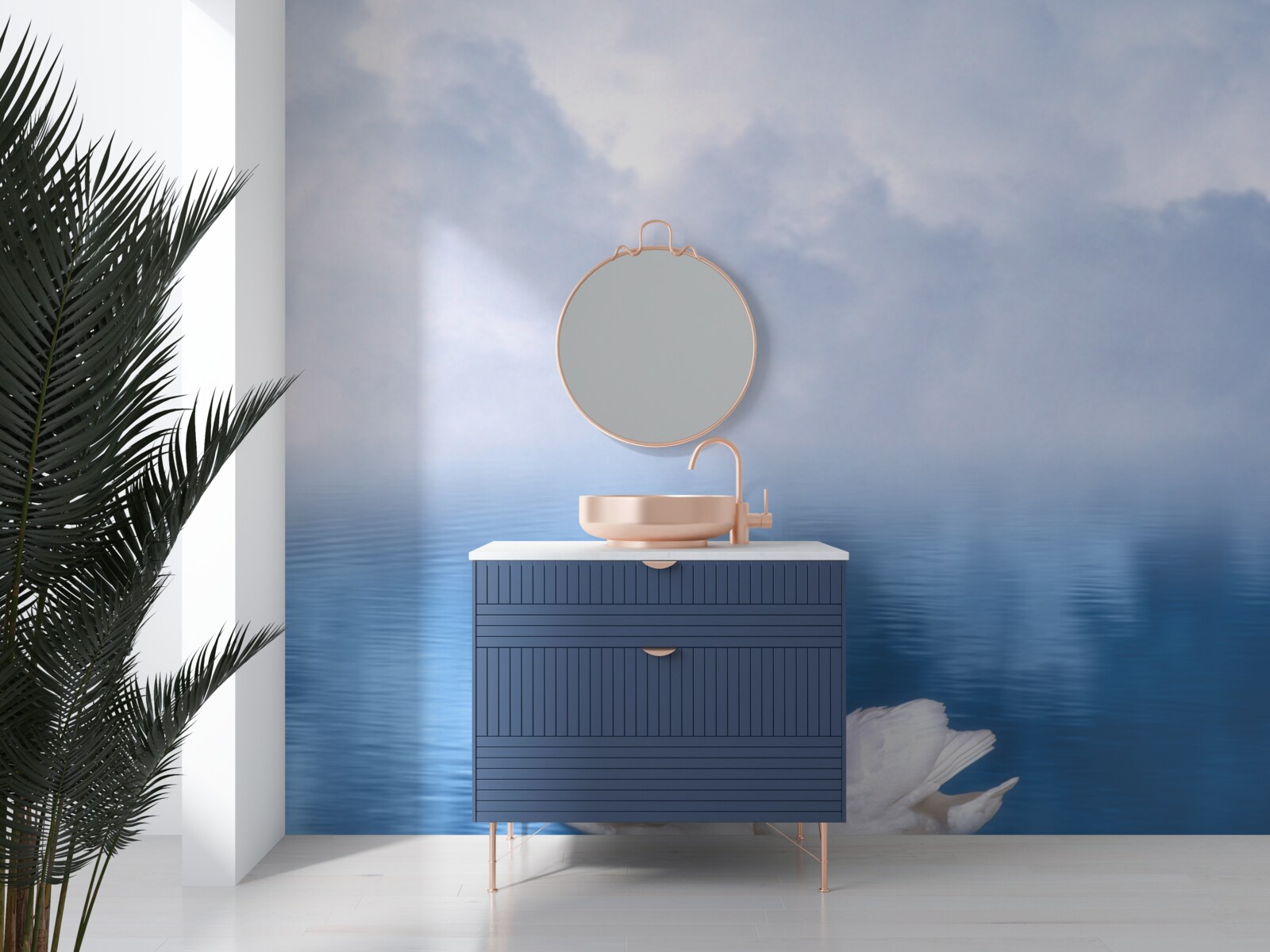 Фотошпалери сім'я білих лебедів на туманному озері в горах