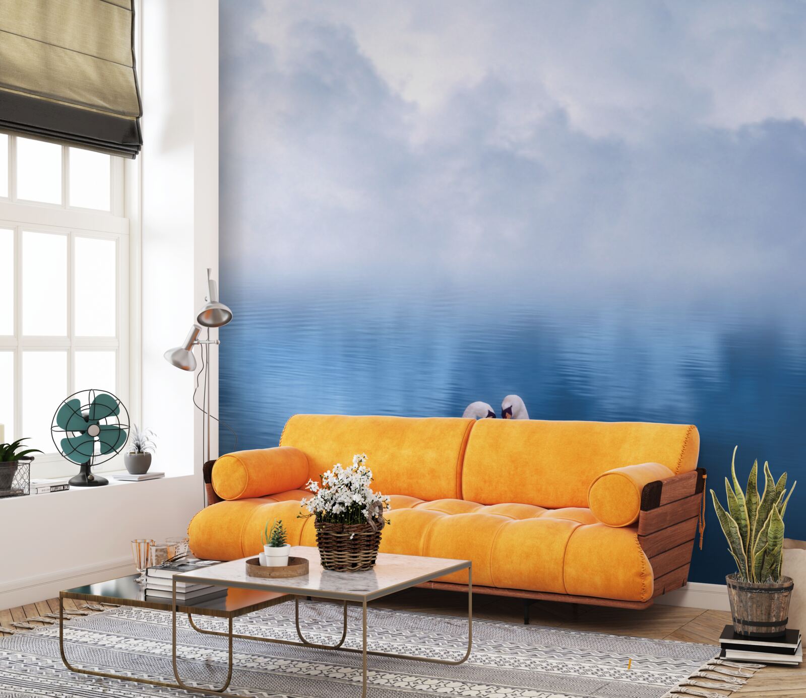 Фотошпалери сім'я білих лебедів на туманному озері в горах