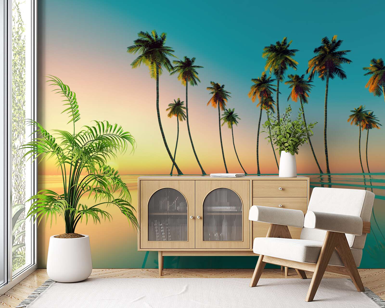 Фотошпалери тонкі пальми біля басейну на тлі призахідного сонця