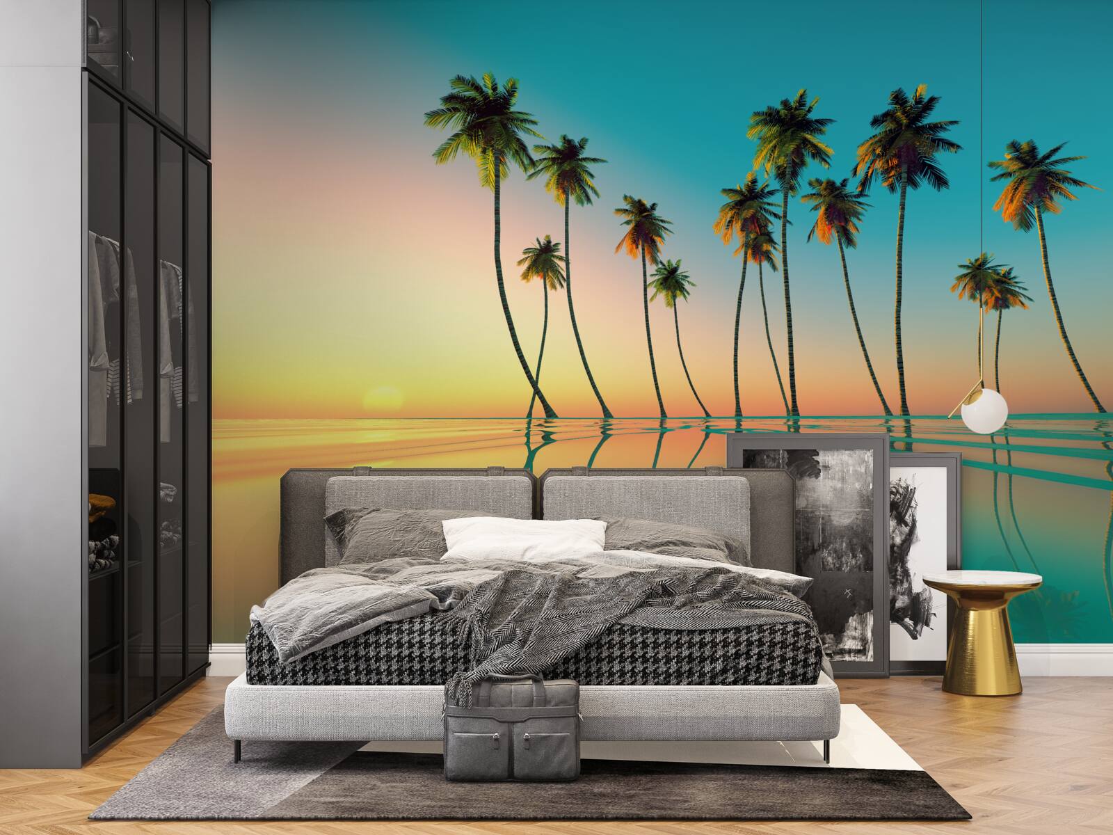 Фотошпалери тонкі пальми біля басейну на тлі призахідного сонця