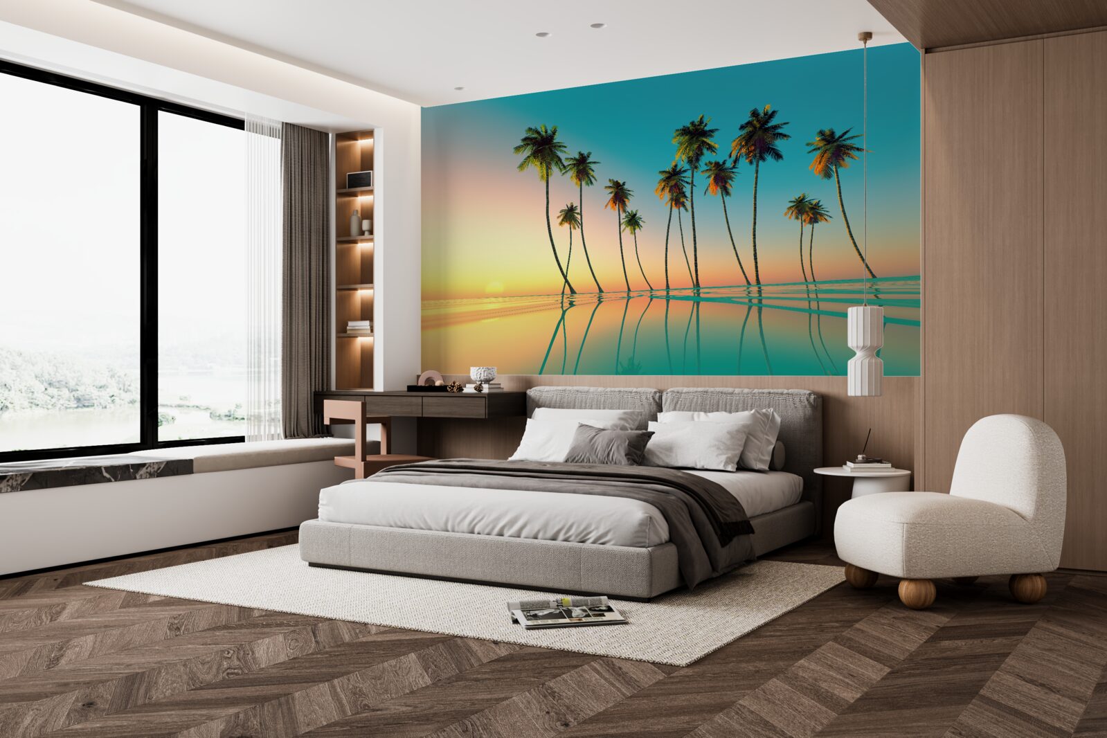 Фотошпалери тонкі пальми біля басейну на тлі призахідного сонця