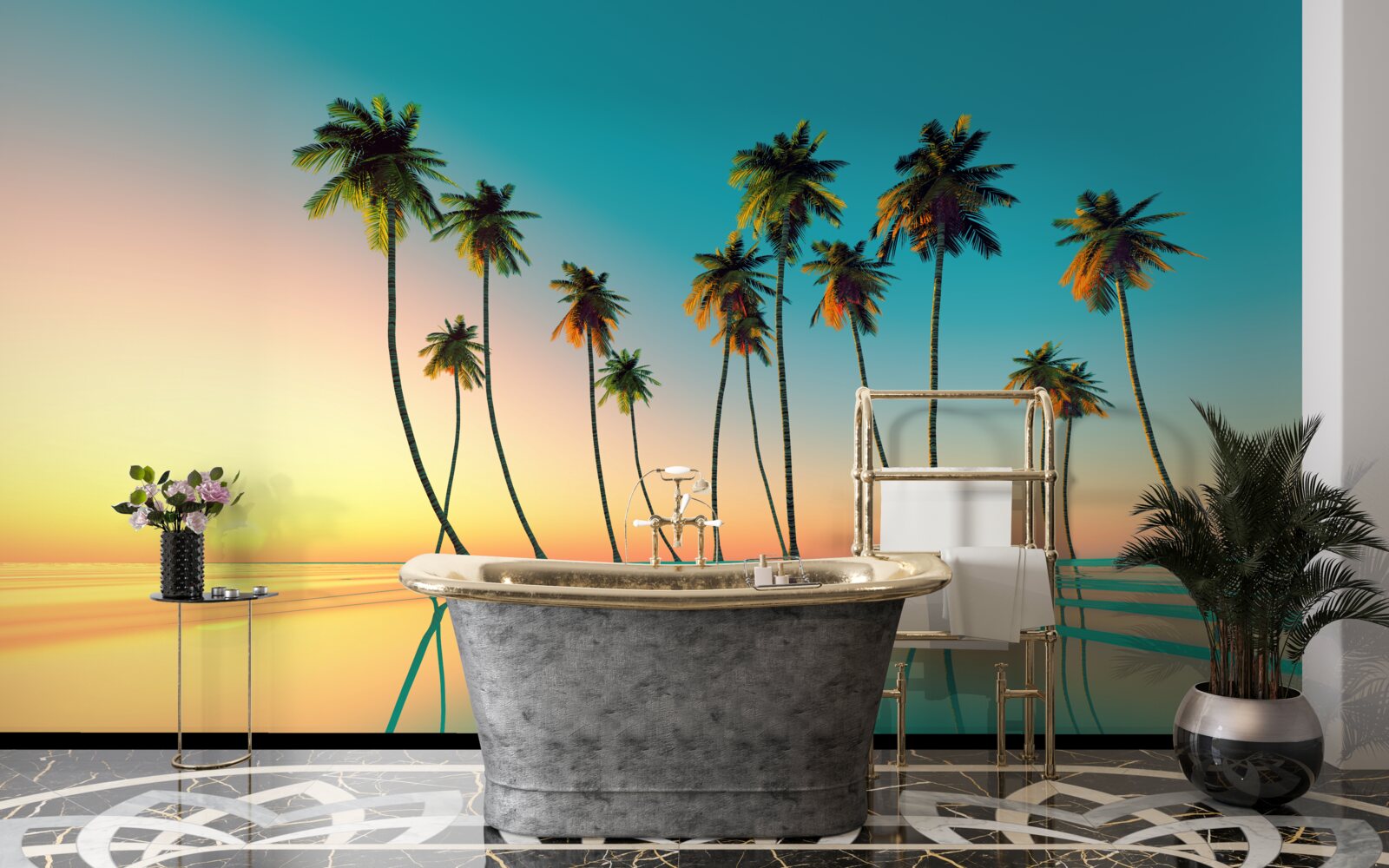 Фотошпалери тонкі пальми біля басейну на тлі призахідного сонця