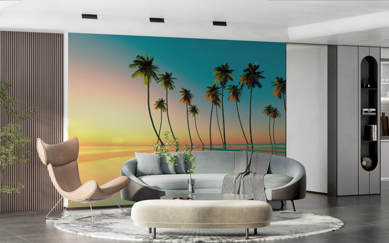 Фотошпалери тонкі пальми біля басейну на тлі призахідного сонця