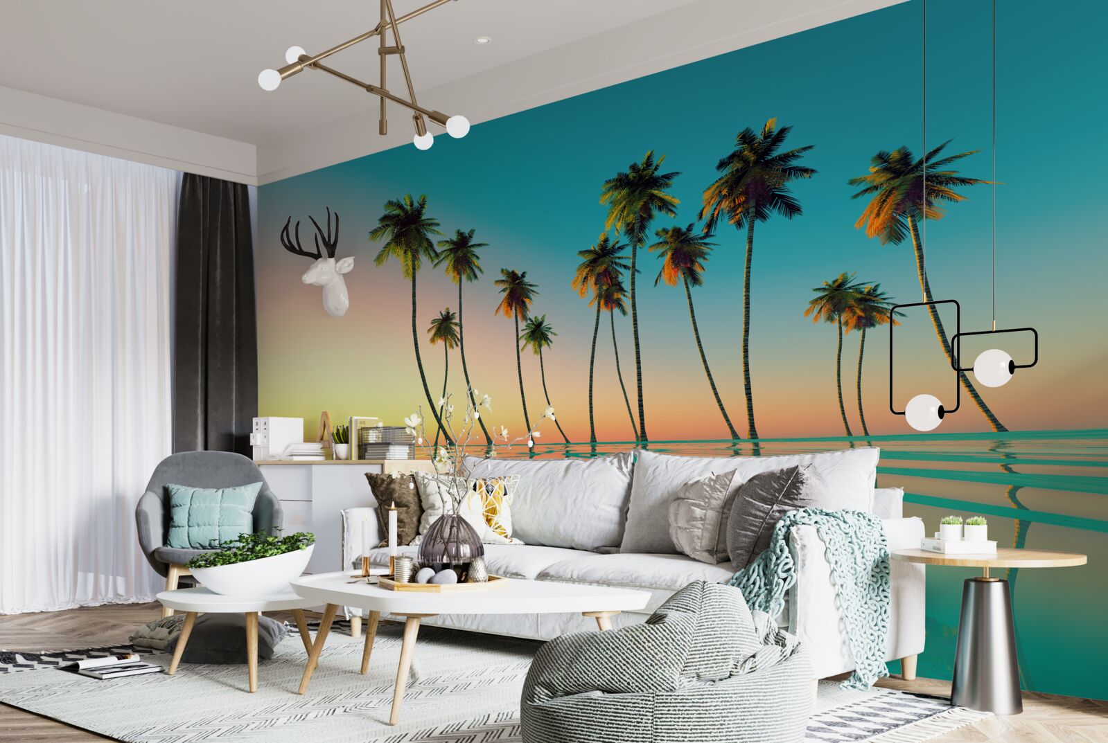 Фотошпалери тонкі пальми біля басейну на тлі призахідного сонця